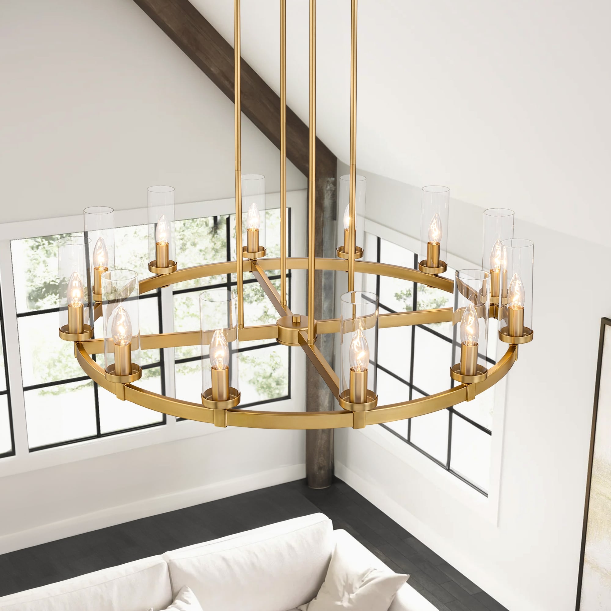 12-Light Mid-Century Modern Cylinder Clear Glass Wagon Wheel Chandelier Gold/Black Large Chandelier