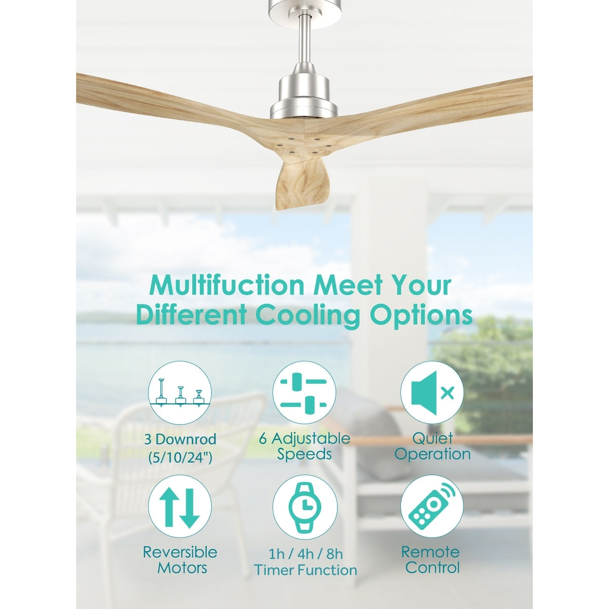 52 inch Modern Solid Wood / ABS Ceiling Fan With Remote Control(No Light),6 WInd Speed,Reversible Airflow