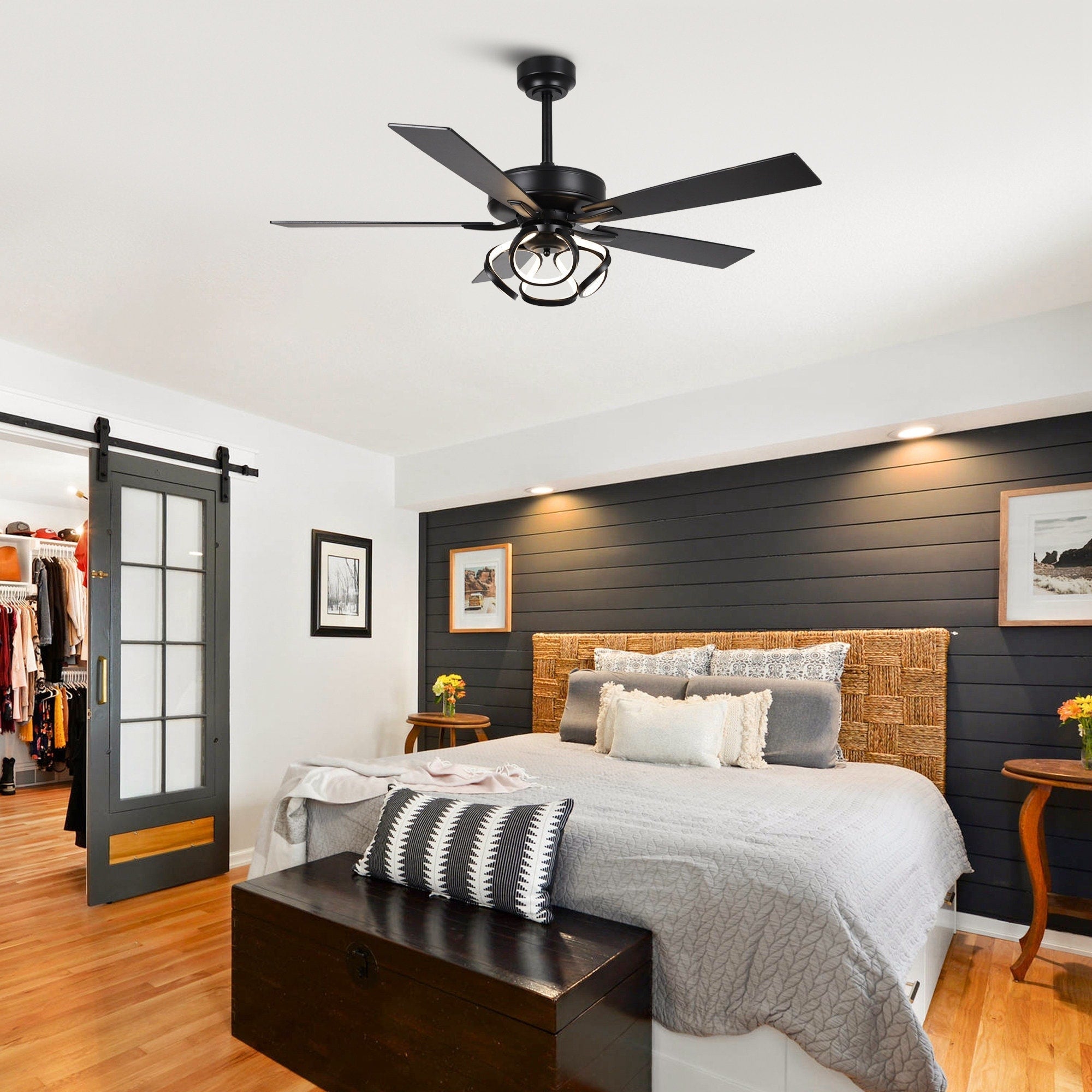 52 Modern Chrome/ Black Indoor Dimmable LED Ceiling Fan with Light and Remote