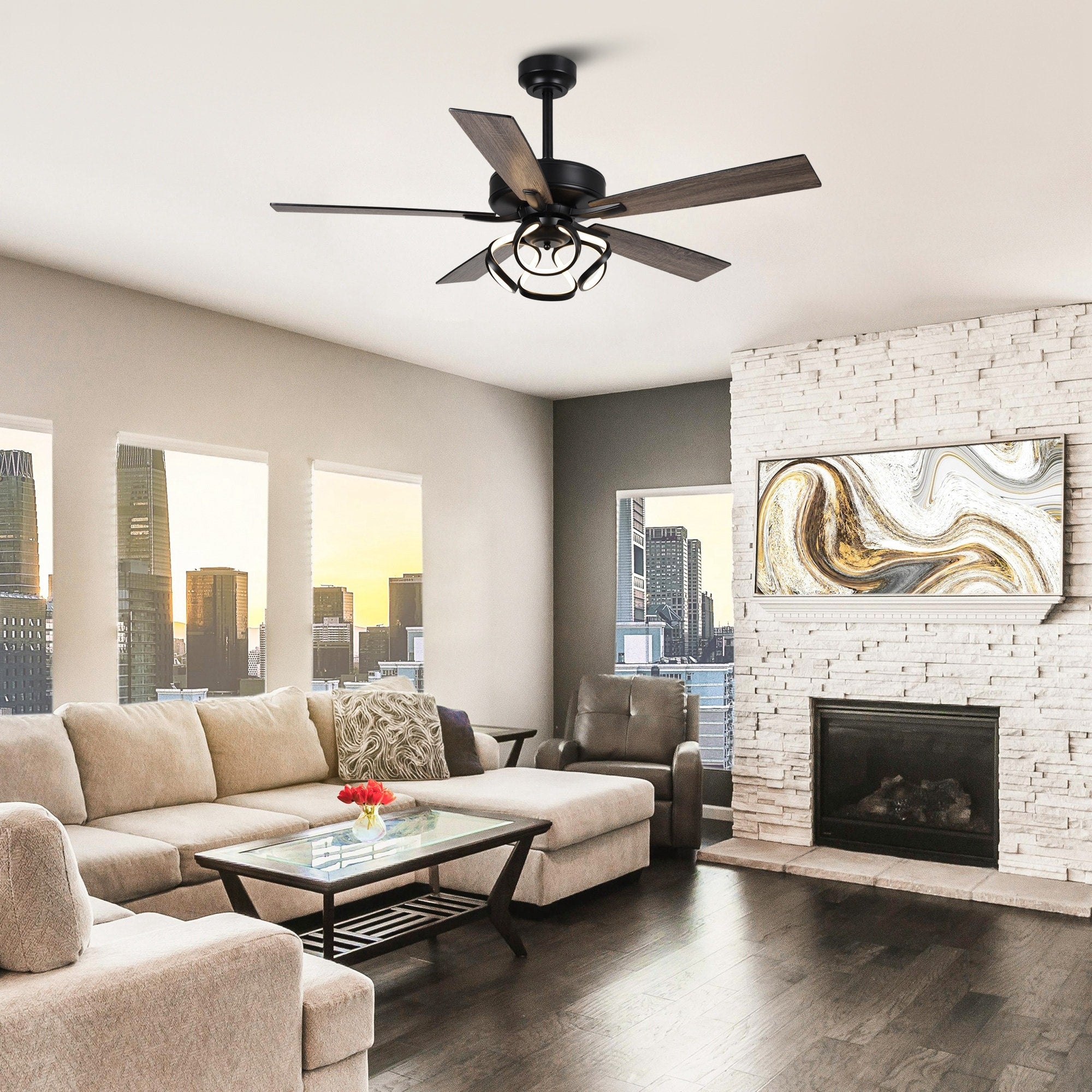 52 Modern Chrome/ Black Indoor Dimmable LED Ceiling Fan with Light and Remote