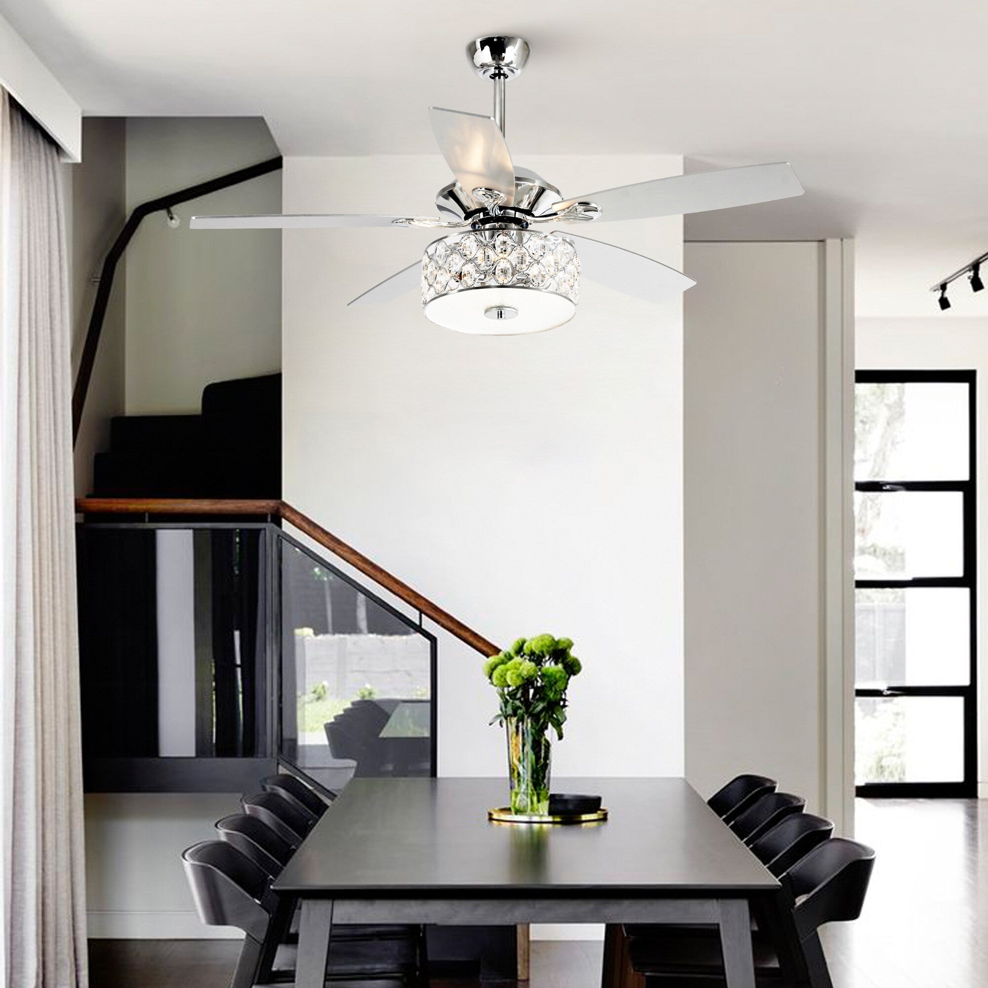 52 Modern 4-Light Chandelier Crystal Ceiling Fan with Remote
