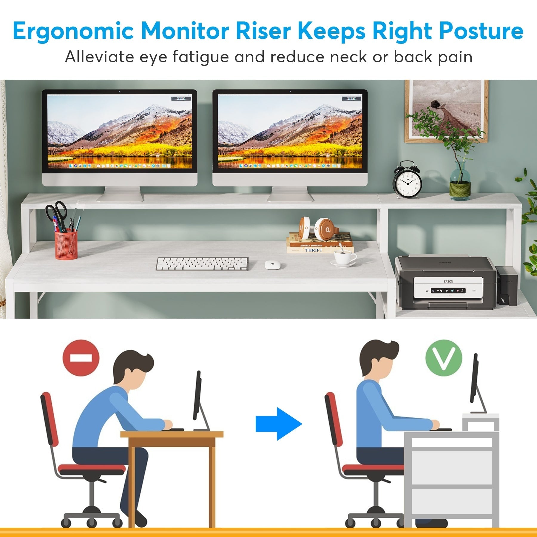 63 Computer Desk with Monitor Stand, Ergonomic Home Office Desks with Drawers File Cabinet