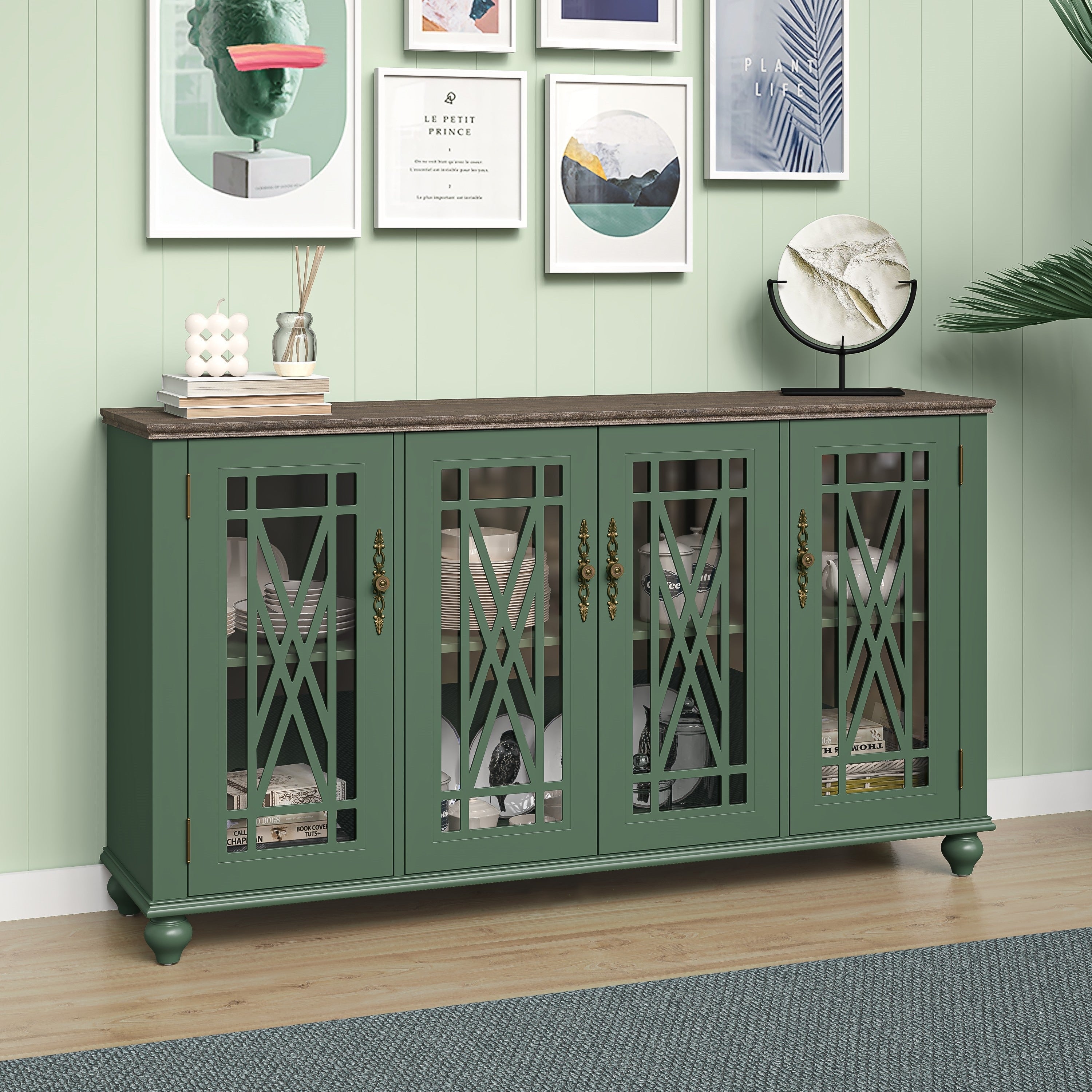 63 Vintage Style Wood Kitchen Accent Buffet Sideboard Cabinet - 63 in Width