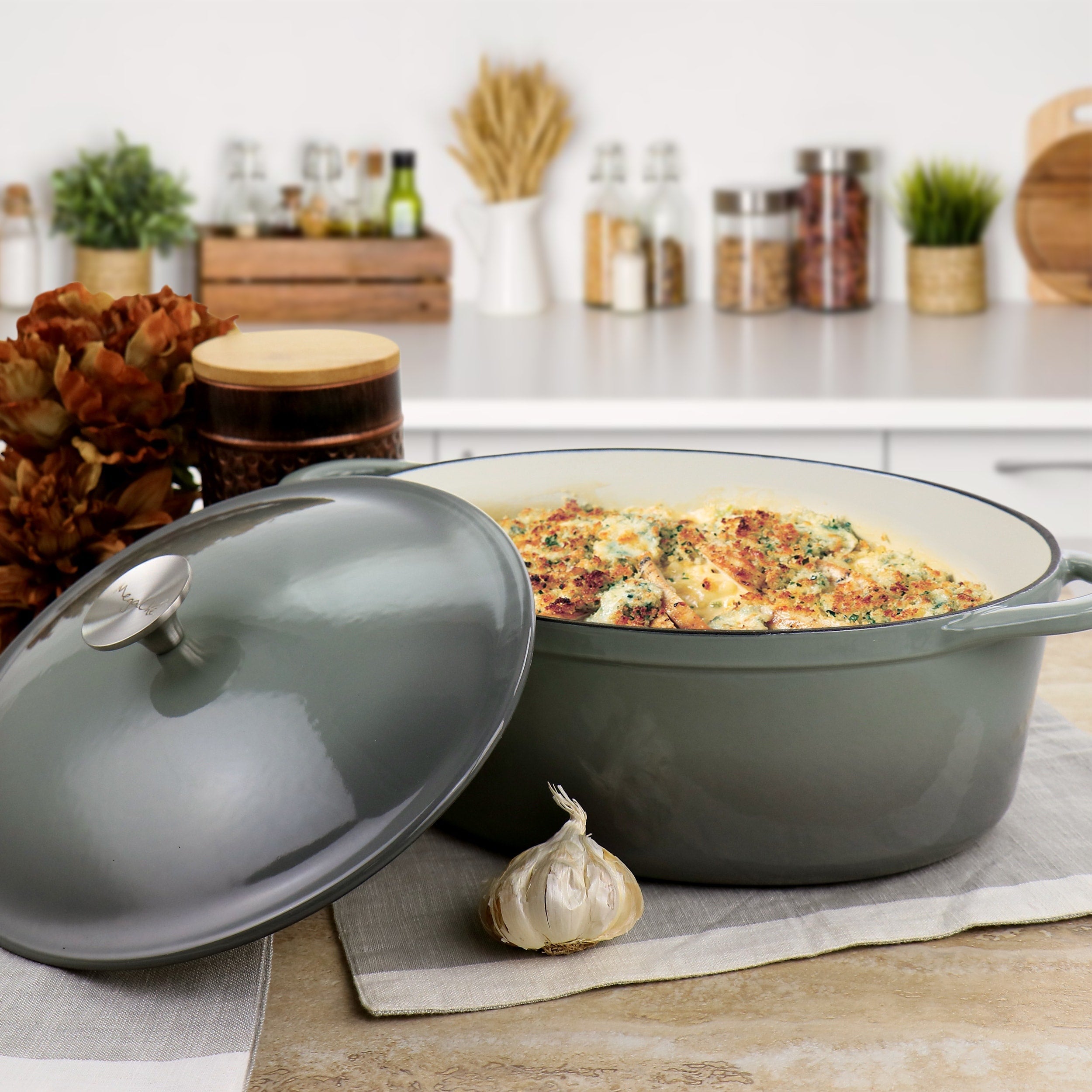 7 Quarts Oval Enameled Cast Iron Casserole in Storm Cloud