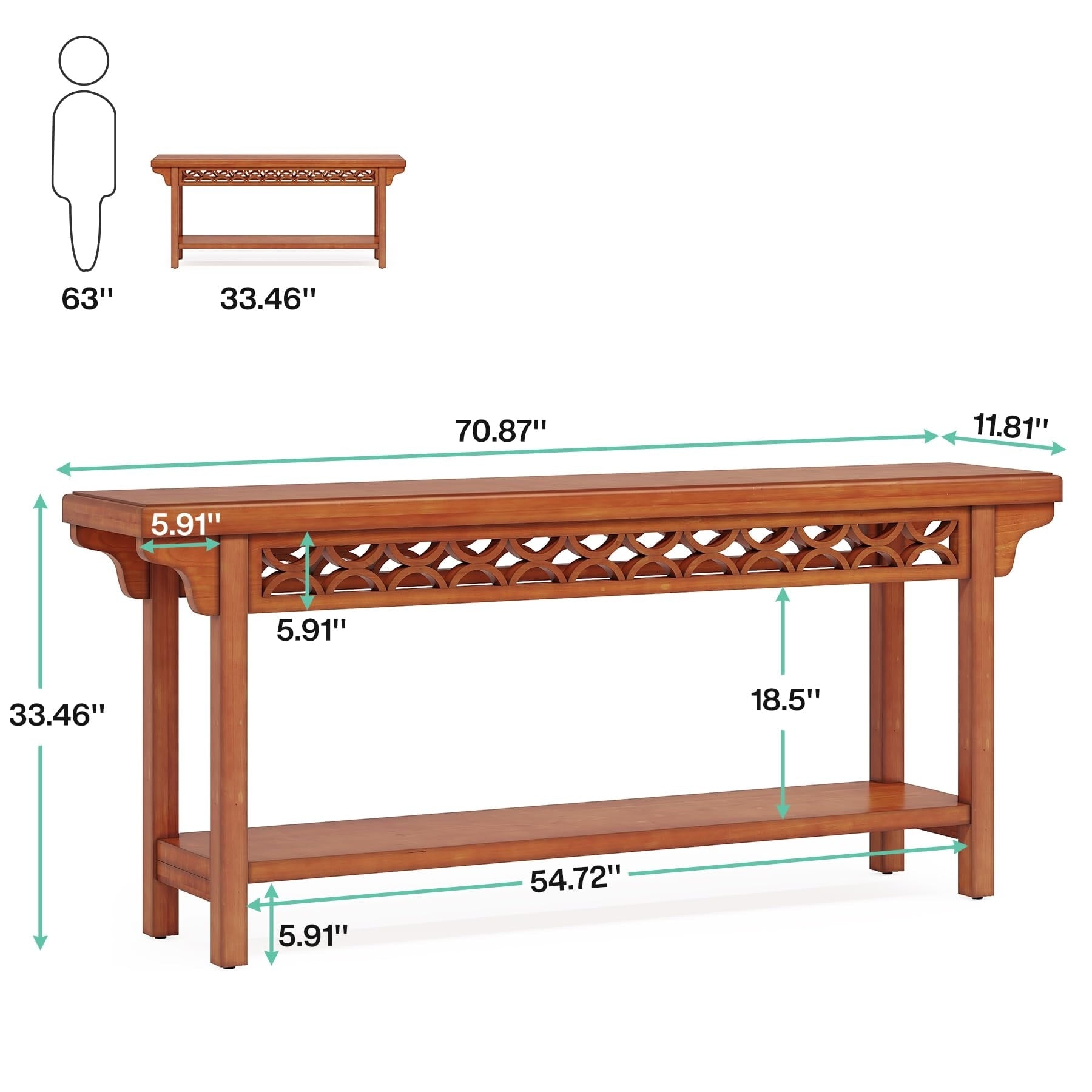 Table console longue en bois massif de style ferme de 70,8 pouces, table de canapé