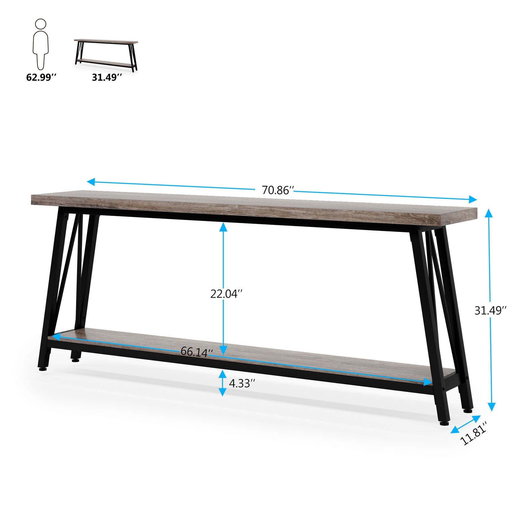 Table console d'entrée de style industriel extra-longue de 70,9 pouces