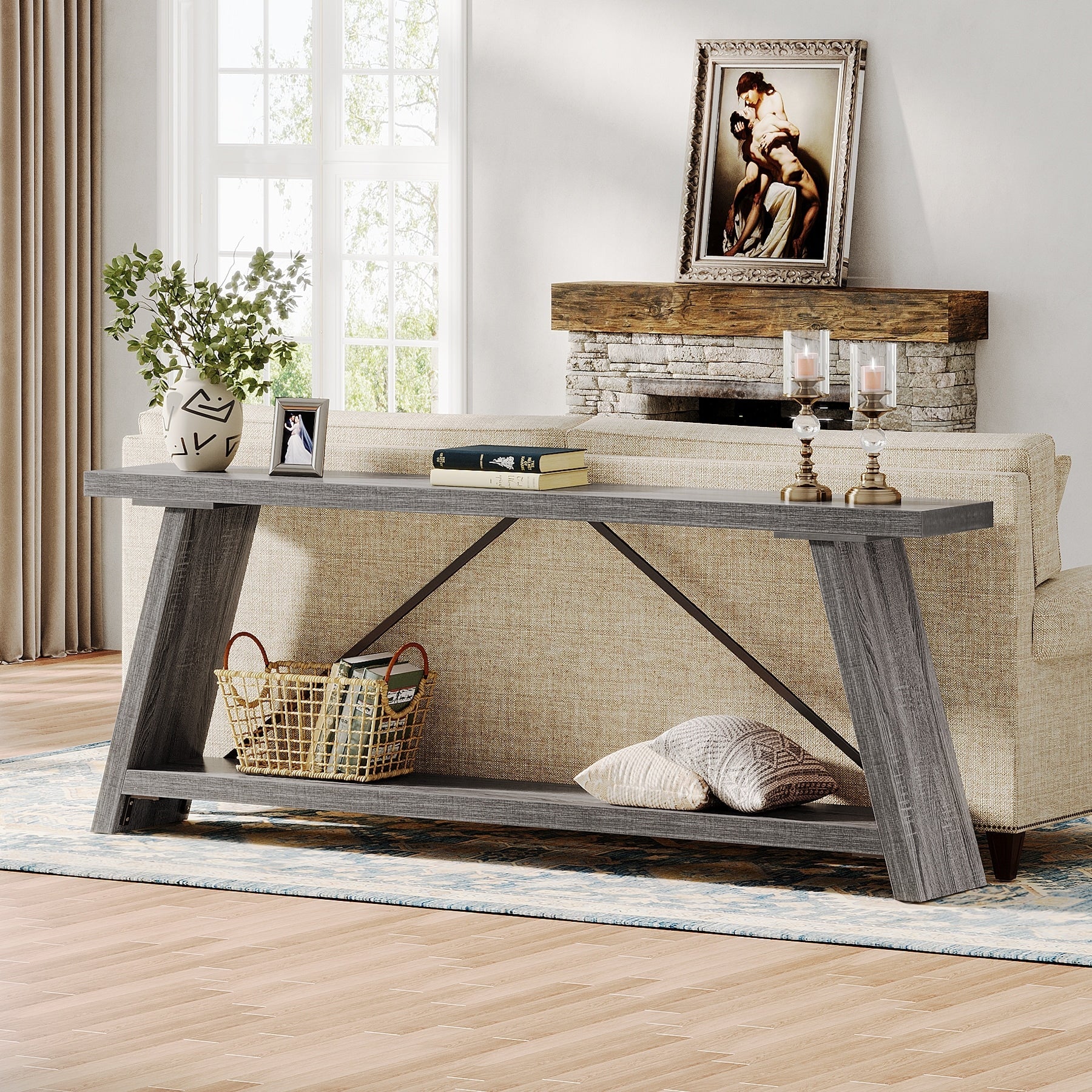 Console de canapé en bois rustique de 70,9 pouces de long avec étagère de rangement