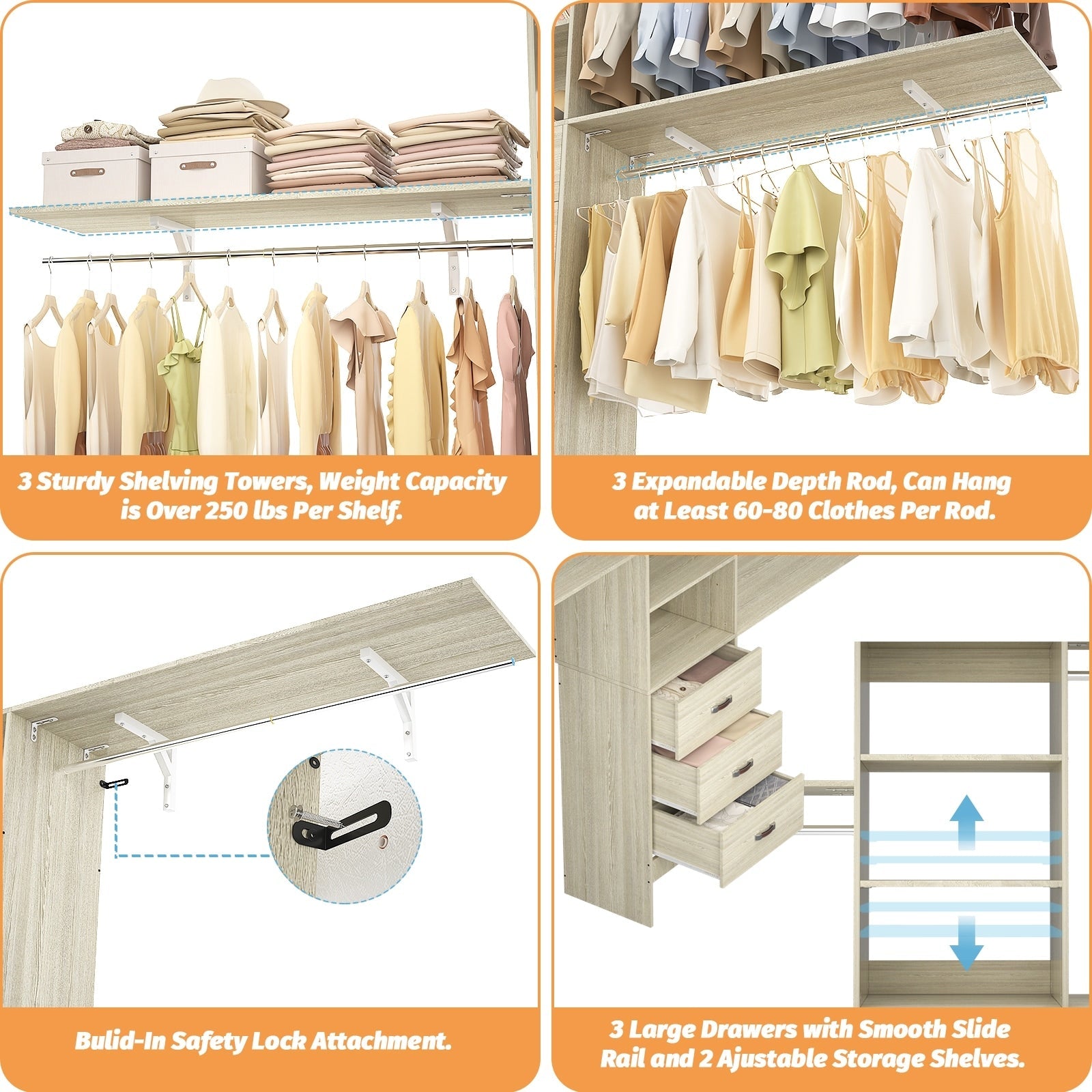 Rackcog 120'' Adjustable Closet Organizer with Drawers, Closet System with DIY Shelves for Reach-in and Walk-in Closet
