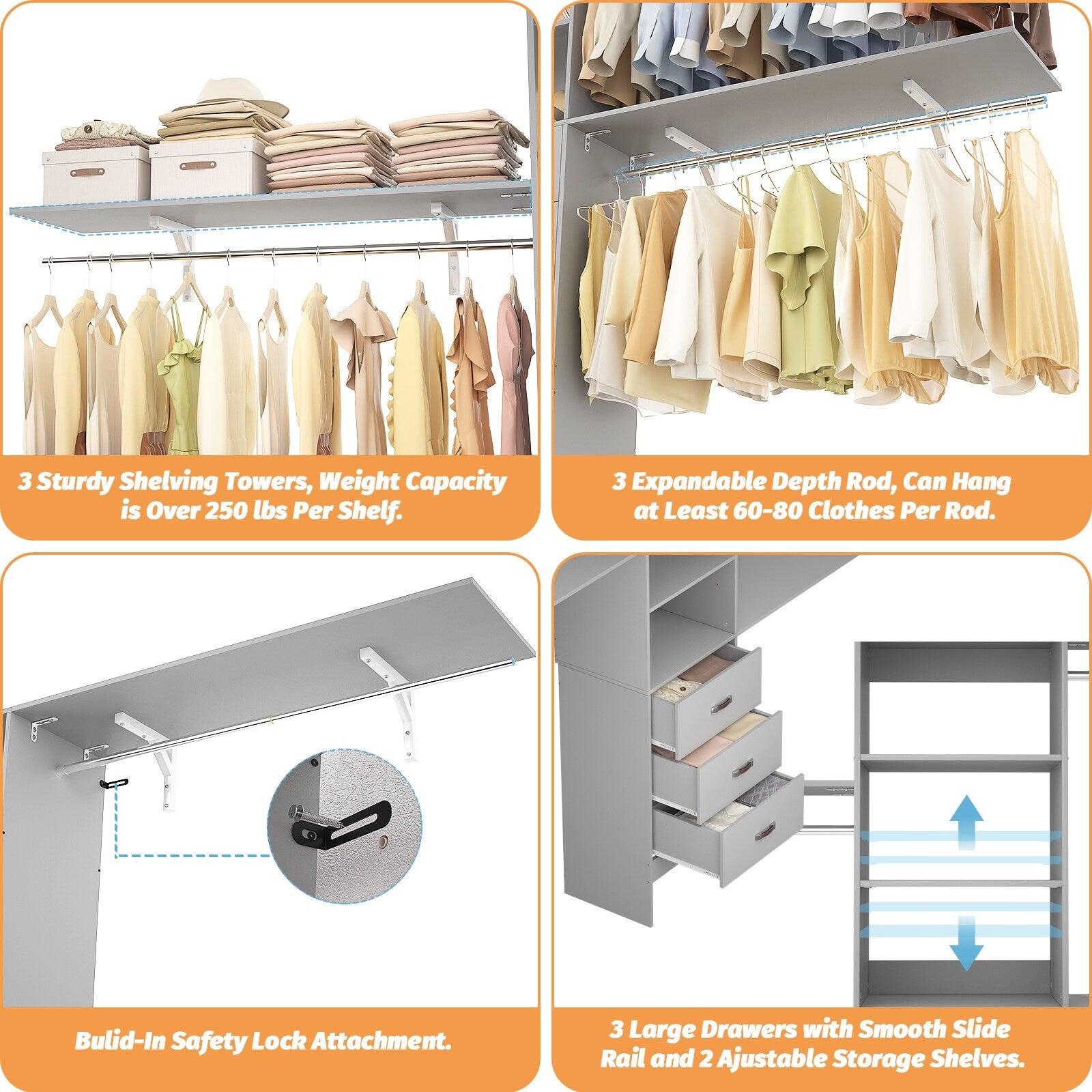 Rackcog 120'' Adjustable Closet Organizer with Drawers, Closet System with DIY Shelves for Reach-in and Walk-in Closet