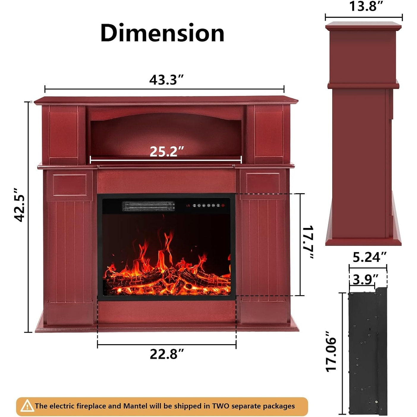 Cheminée électrique Bossin 43 avec manteau, insert de cheminée électrique de 23 pouces, meuble TV autonome avec foyer en bois