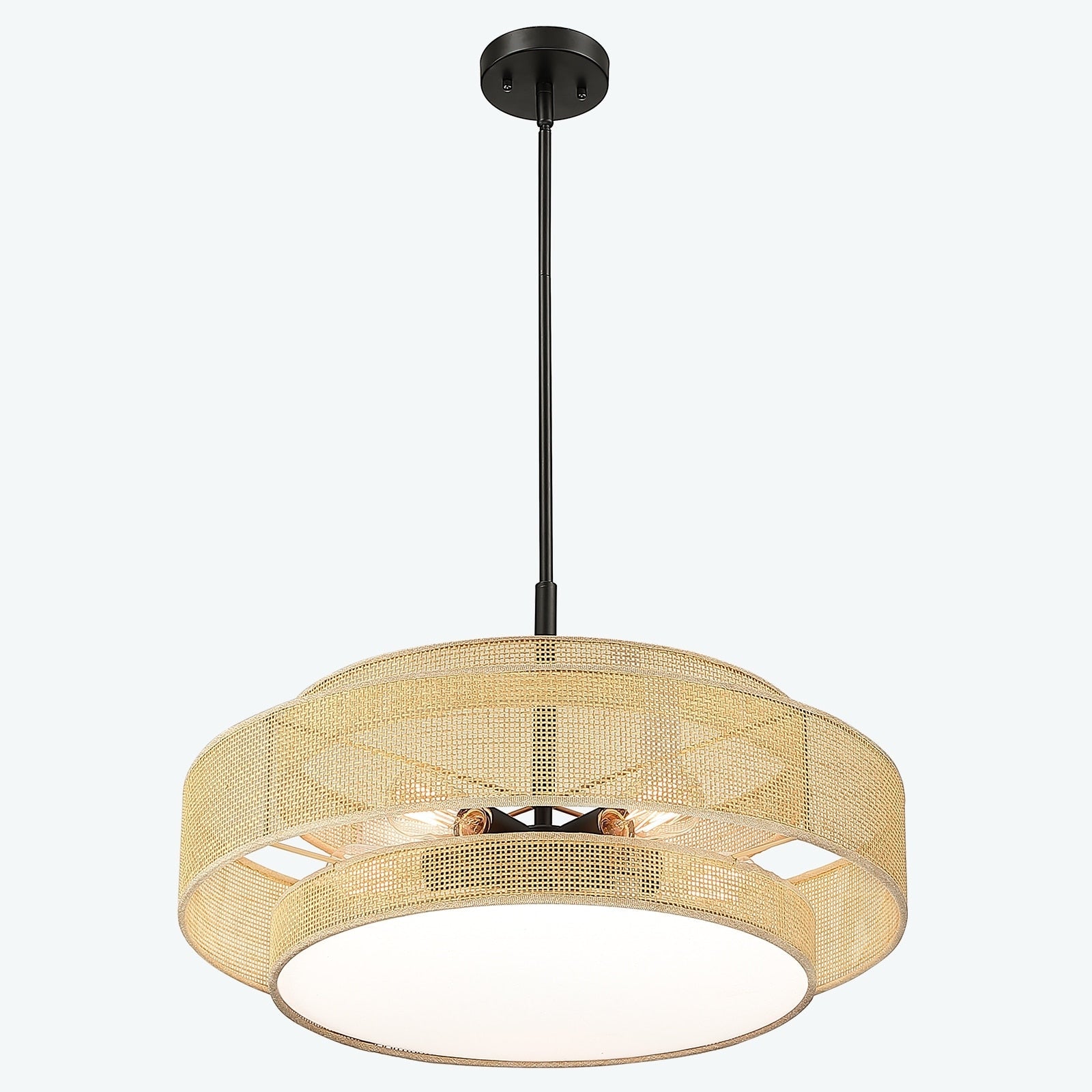 Bayou 5-Light Black Coastal Drum Chandelier with Double Rattan Shade - 24''W
