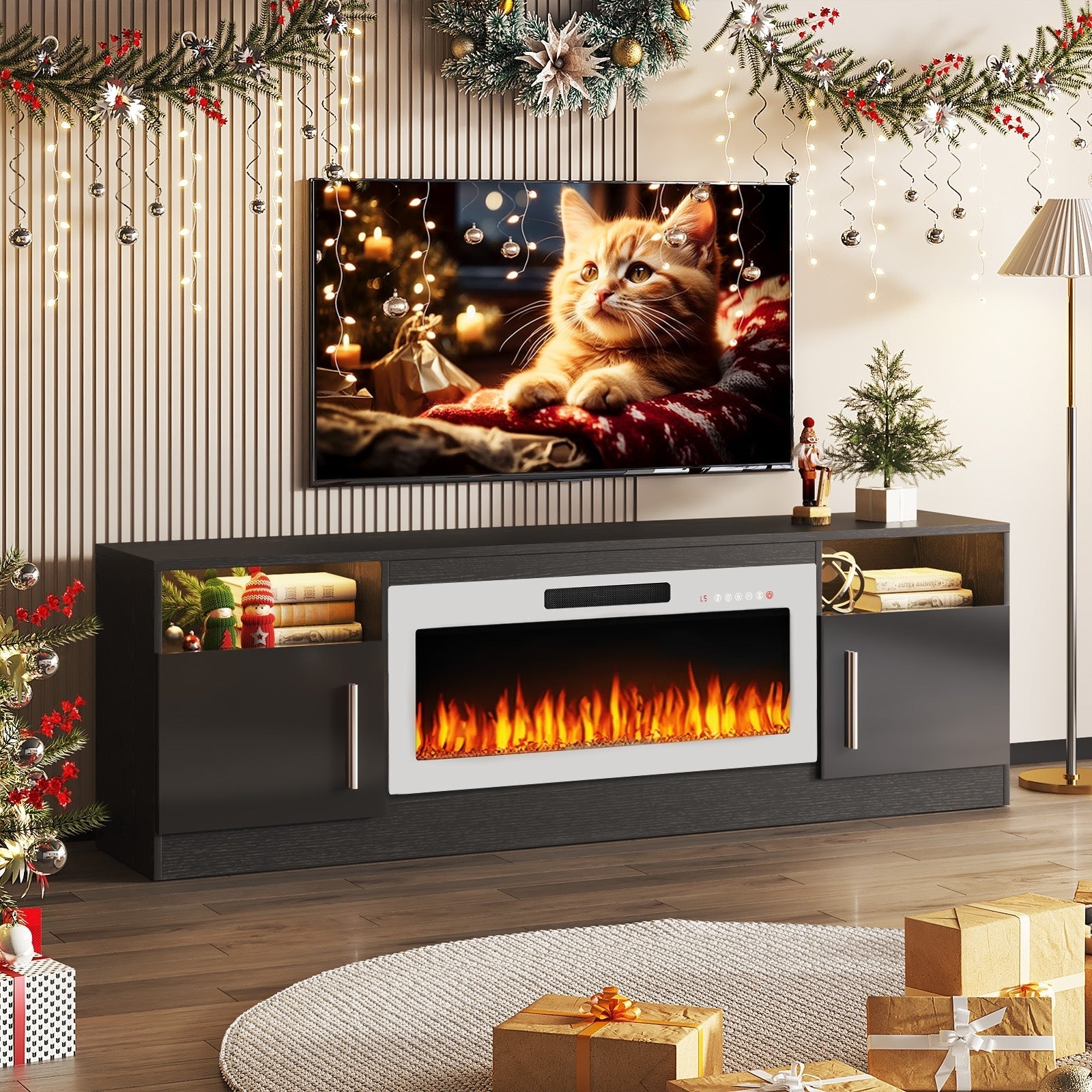 Meuble TV Bossin 70 avec cheminée électrique de 36 pouces, meuble TV pour téléviseurs jusqu'à 80 pouces, éclairage LED 16 couleurs/centre de divertissement