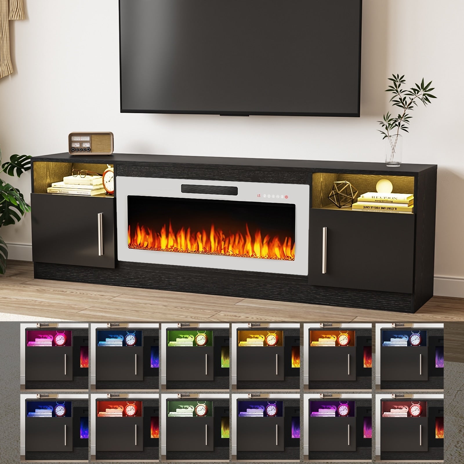 Meuble TV Bossin 70 avec cheminée électrique de 36 pouces, meuble TV pour téléviseurs jusqu'à 80 pouces, éclairage LED 16 couleurs/centre de divertissement