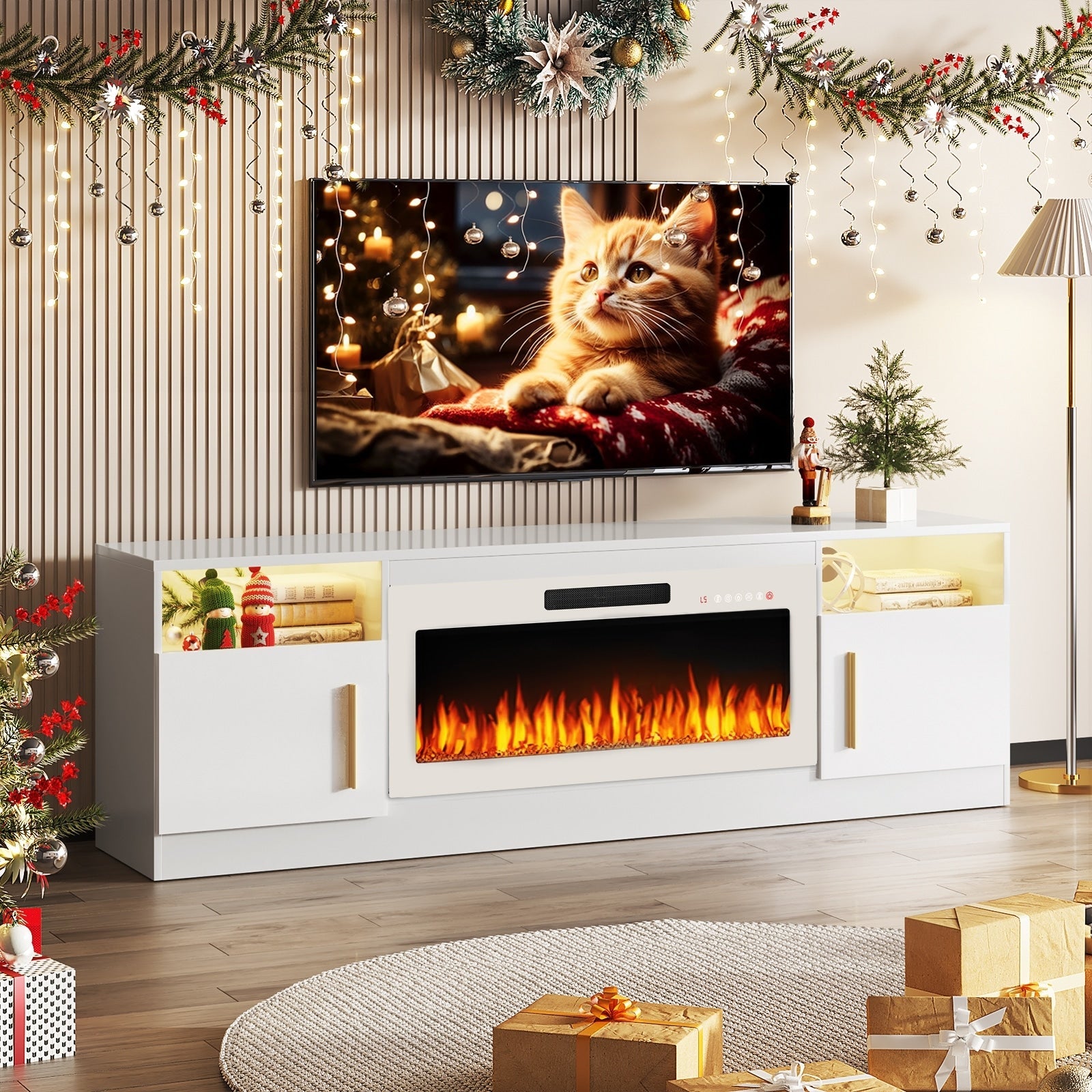 Meuble TV Bossin 70 avec cheminée électrique de 36 pouces, meuble TV pour téléviseurs jusqu'à 80 pouces, éclairage LED 16 couleurs/centre de divertissement