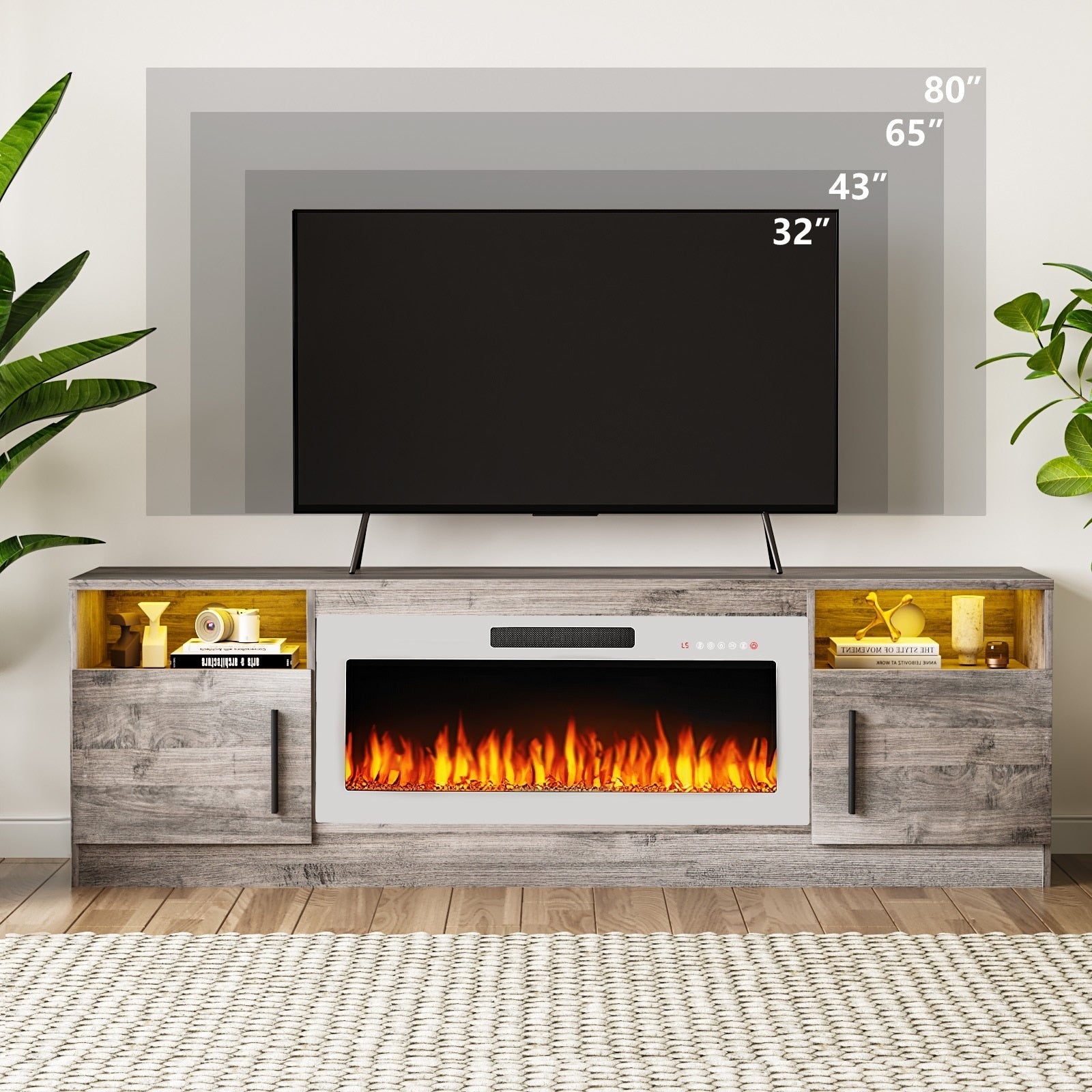 Meuble TV Bossin 70 avec cheminée électrique de 36 pouces, meuble TV pour téléviseurs jusqu'à 80 pouces, éclairage LED 16 couleurs/centre de divertissement