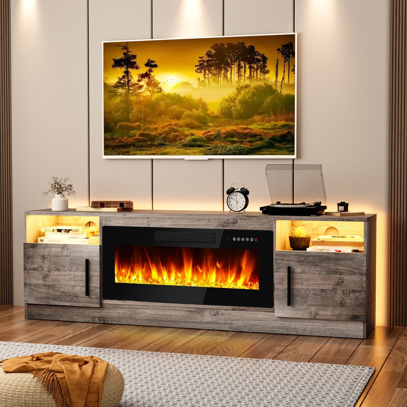 Meuble TV Bossin 70 avec cheminée électrique de 36 pouces, meuble TV pour téléviseurs jusqu'à 80 pouces, éclairage LED 16 couleurs/centre de divertissement