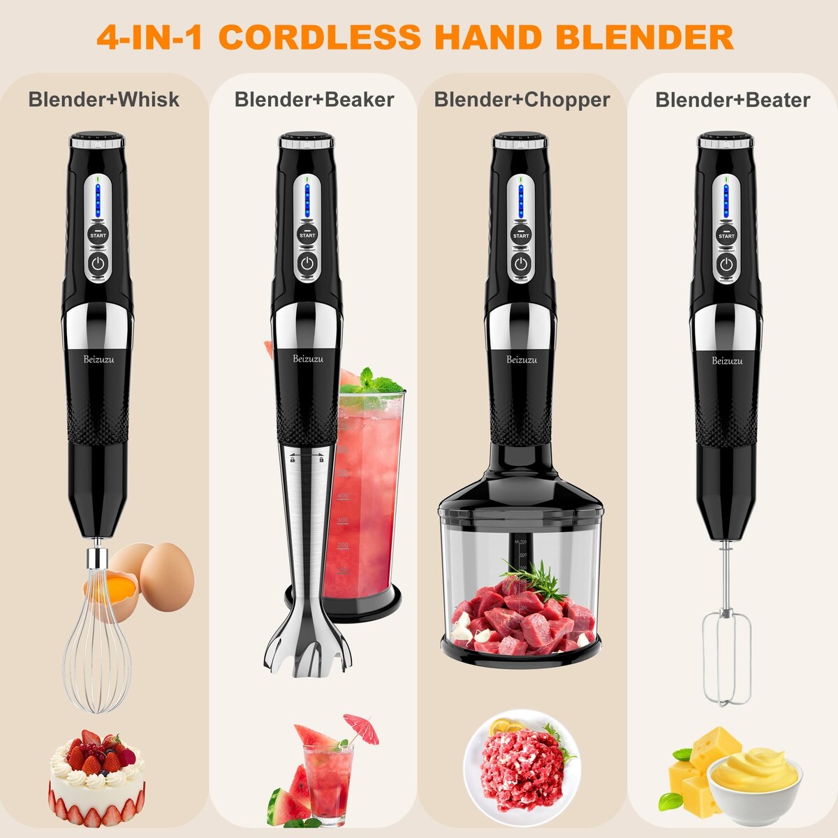 Mixeur plongeant sans fil : mixeur plongeant rechargeable USB 4 en 1, 21 vitesses variables et 3 angles réglables avec hachoir de 700 ml