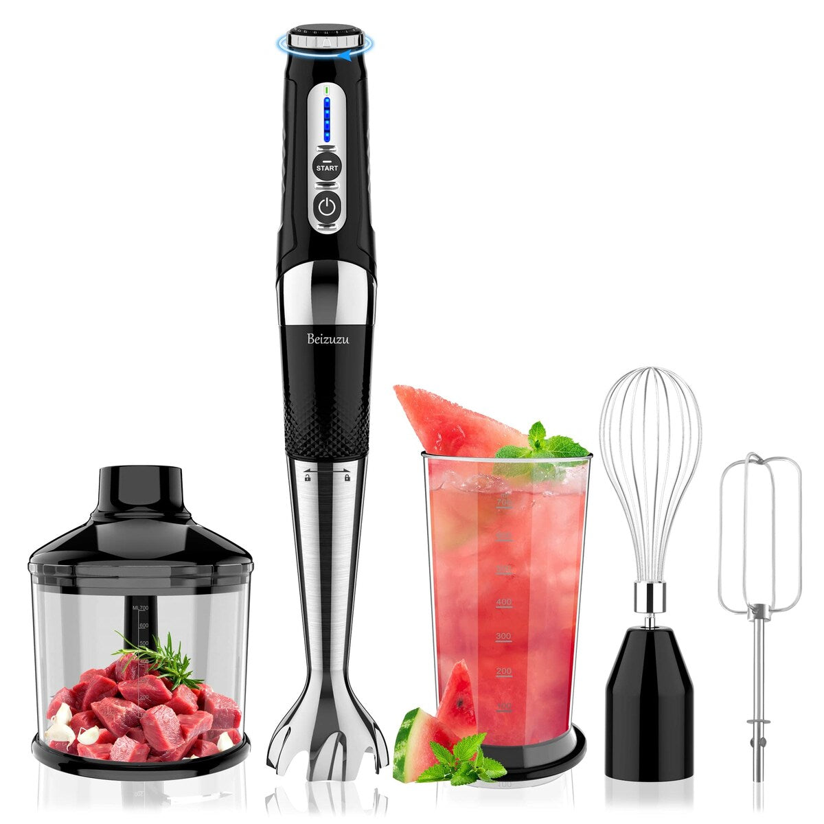 Mixeur plongeant sans fil : mixeur plongeant rechargeable USB 4 en 1, 21 vitesses variables et 3 angles réglables avec hachoir de 700 ml