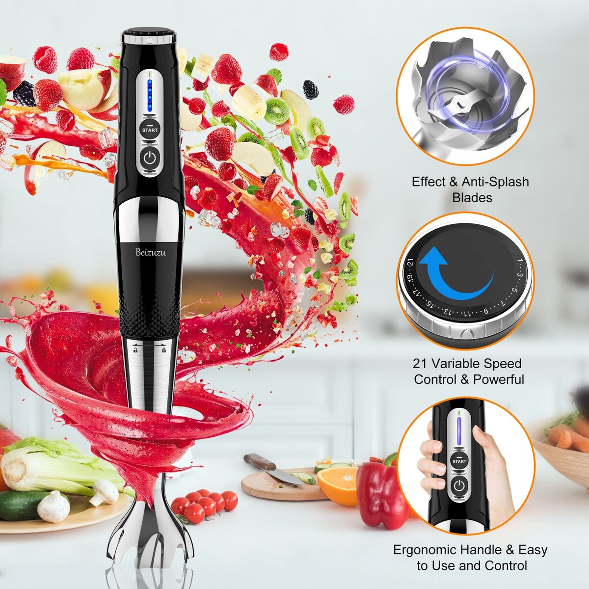 Mixeur plongeant sans fil : mixeur plongeant rechargeable USB 4 en 1, 21 vitesses variables et 3 angles réglables avec hachoir de 700 ml