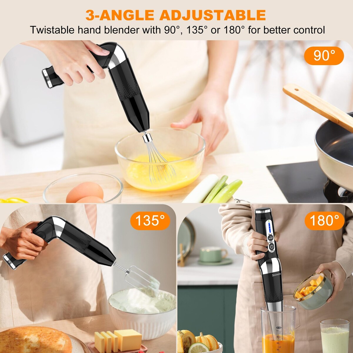 Mixeur plongeant sans fil : mixeur plongeant rechargeable USB 4 en 1, 21 vitesses variables et 3 angles réglables avec hachoir de 700 ml