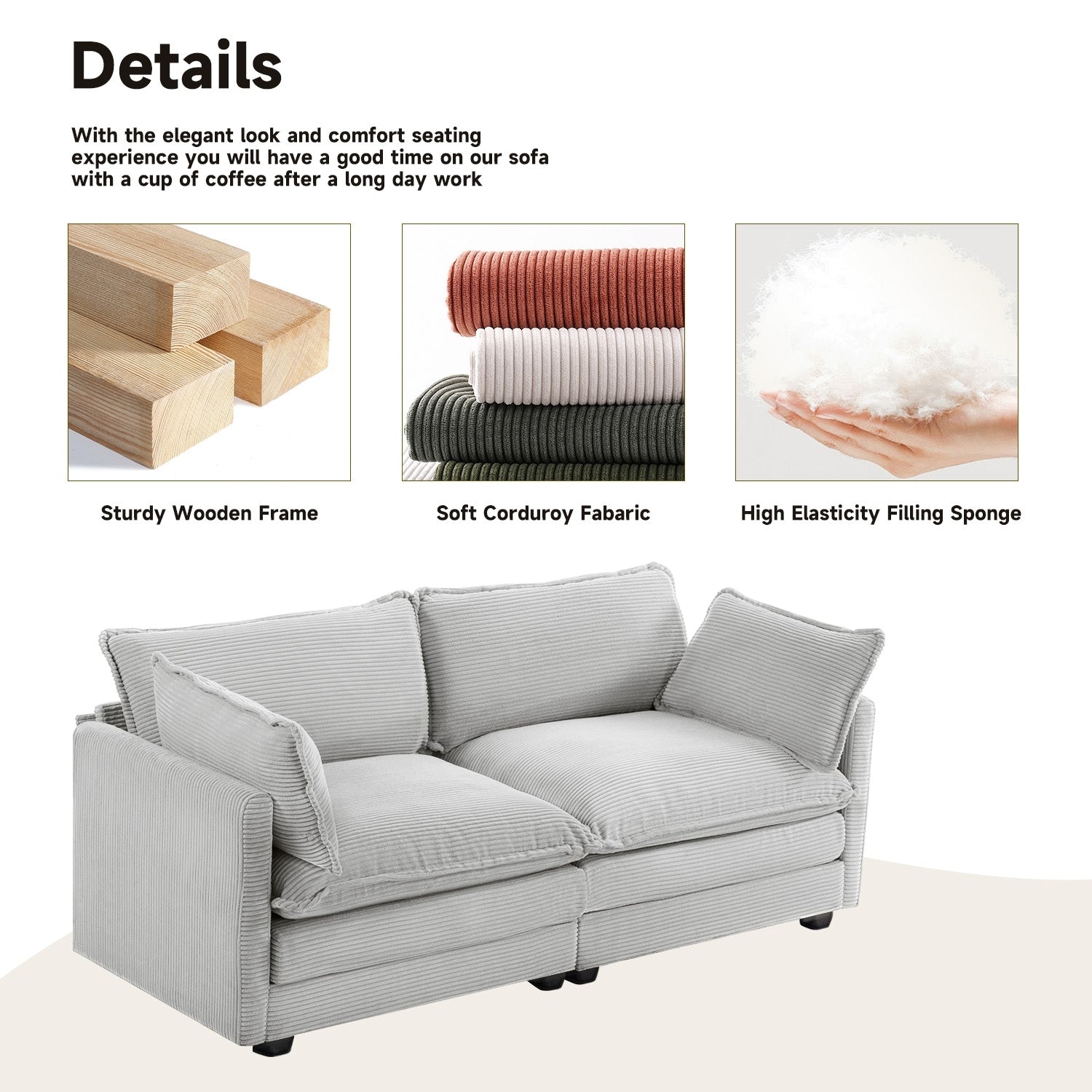 Canapé sectionnel en velours côtelé avec poufs amovibles et coussins ultra-doux pour salon et chambre