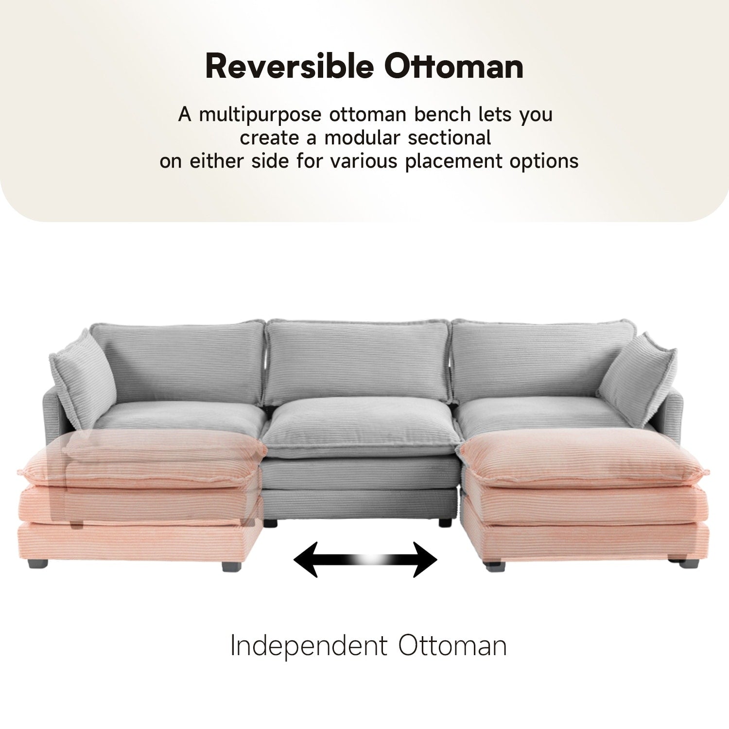 Canapé sectionnel en velours côtelé avec poufs amovibles et coussins ultra-doux pour salon et chambre