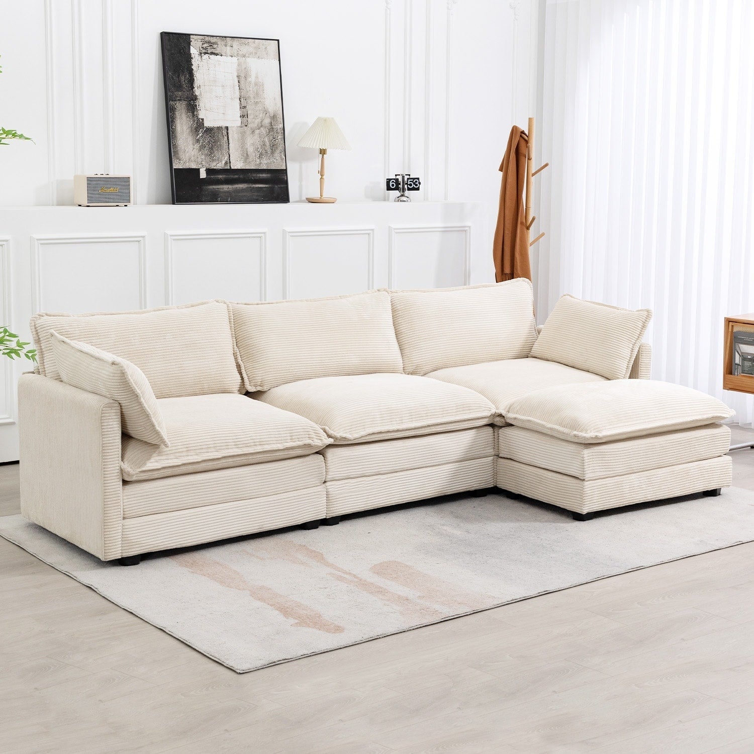Canapé sectionnel en velours côtelé avec poufs amovibles et coussins ultra-doux pour salon et chambre