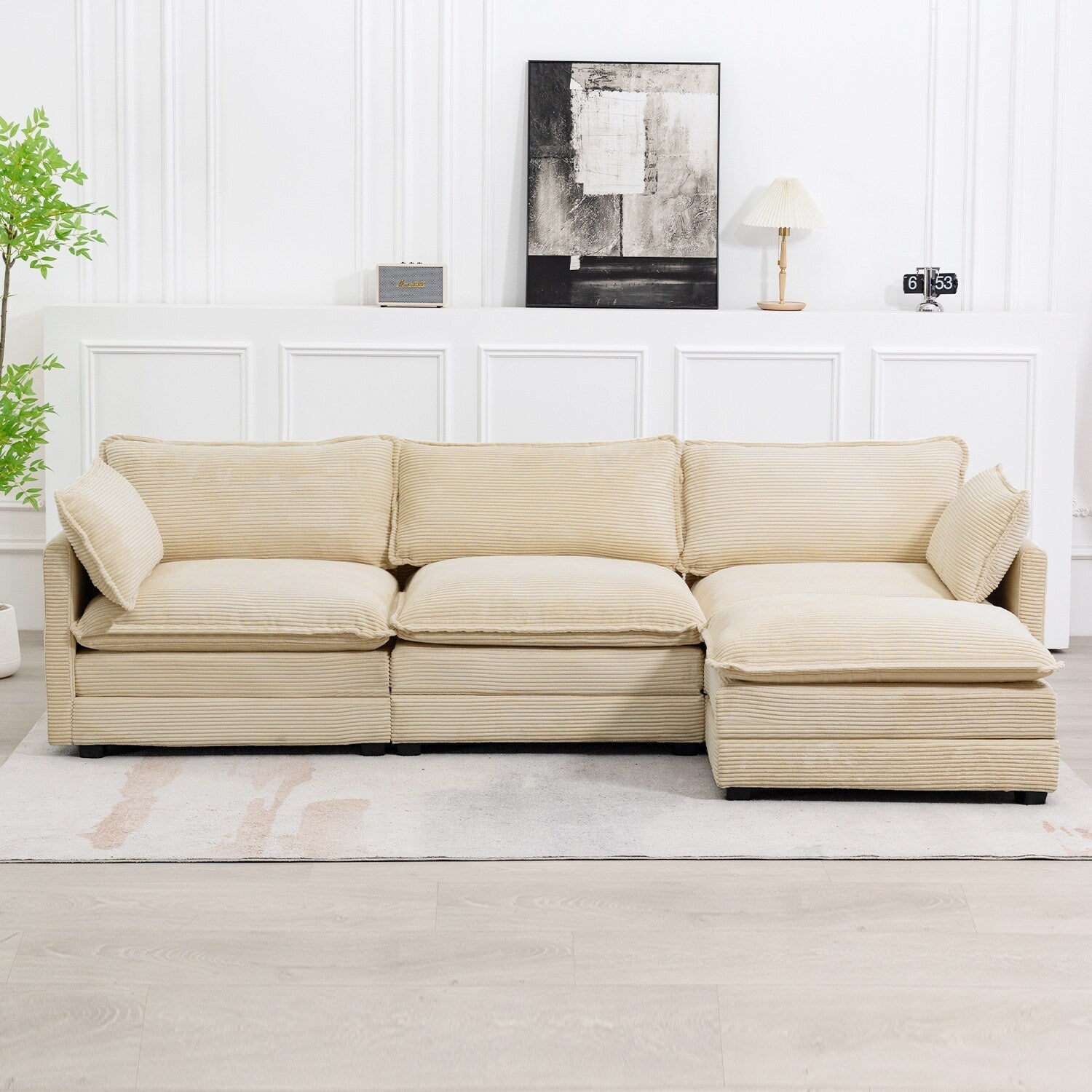 Canapé sectionnel en velours côtelé avec poufs amovibles et coussins ultra-doux pour salon et chambre