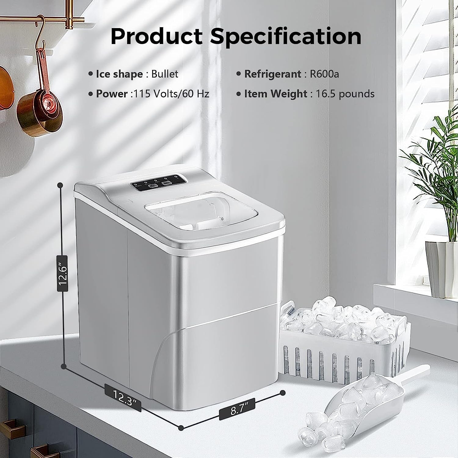 Machine à glaçons de comptoir, glaçons prêts en 6 à 8 minutes avec pelle à glaçons et panier