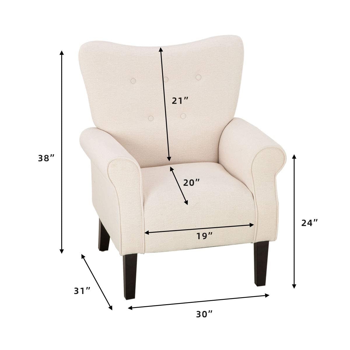 Fauteuil d'appoint moderne Erommy, fauteuil à dossier haut, canapé simple en tissu rembourré avec pieds en bois pour le salon