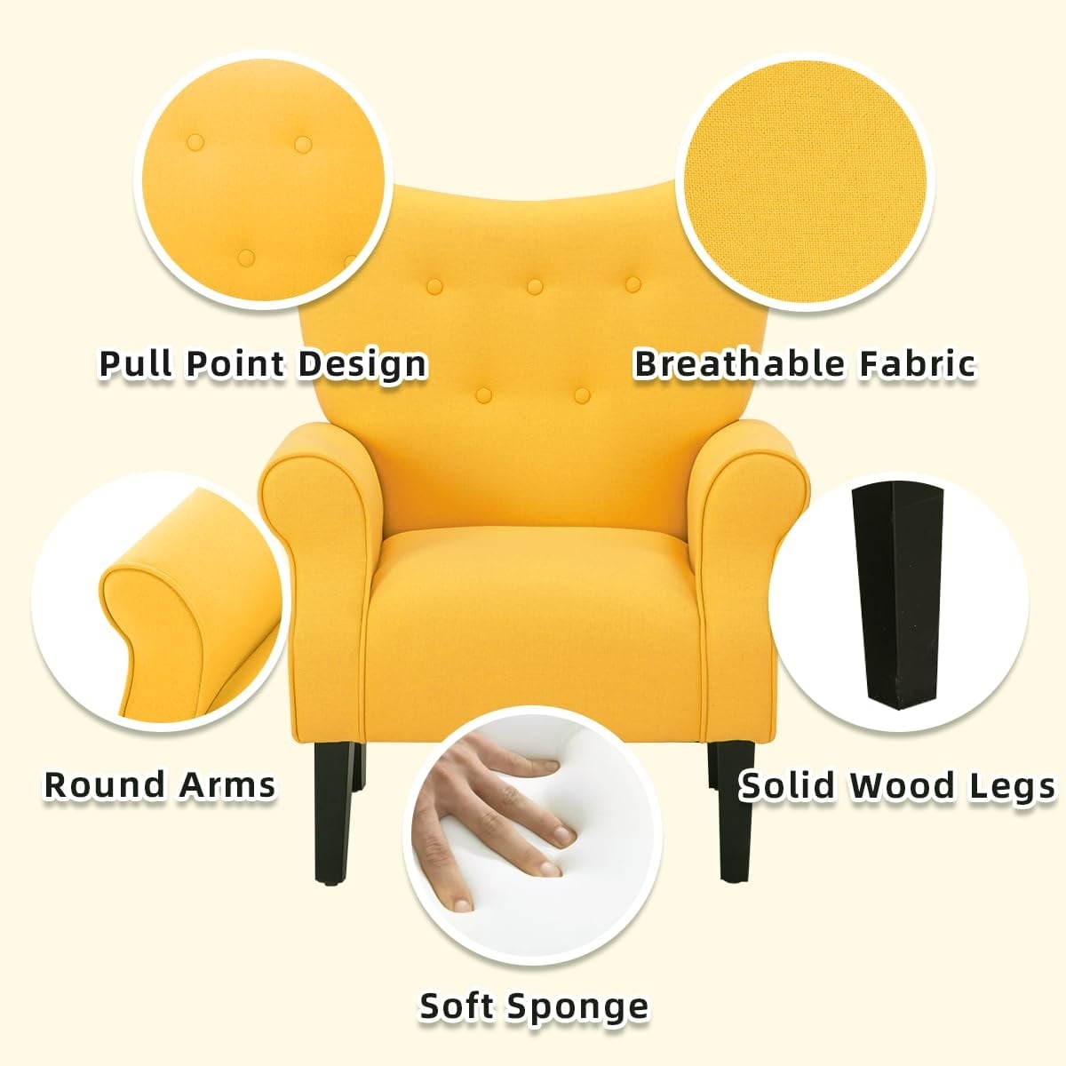 Fauteuil d'appoint moderne Erommy, fauteuil à dossier haut, canapé simple en tissu rembourré avec pieds en bois pour le salon