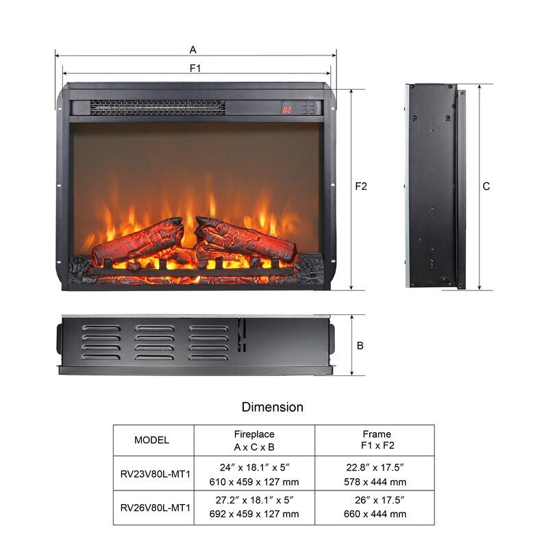 Foyer électrique encastrable avec chauffage réglable, luminosité, minuterie et protection contre la surchauffe, 1 400 W, homologué CSA