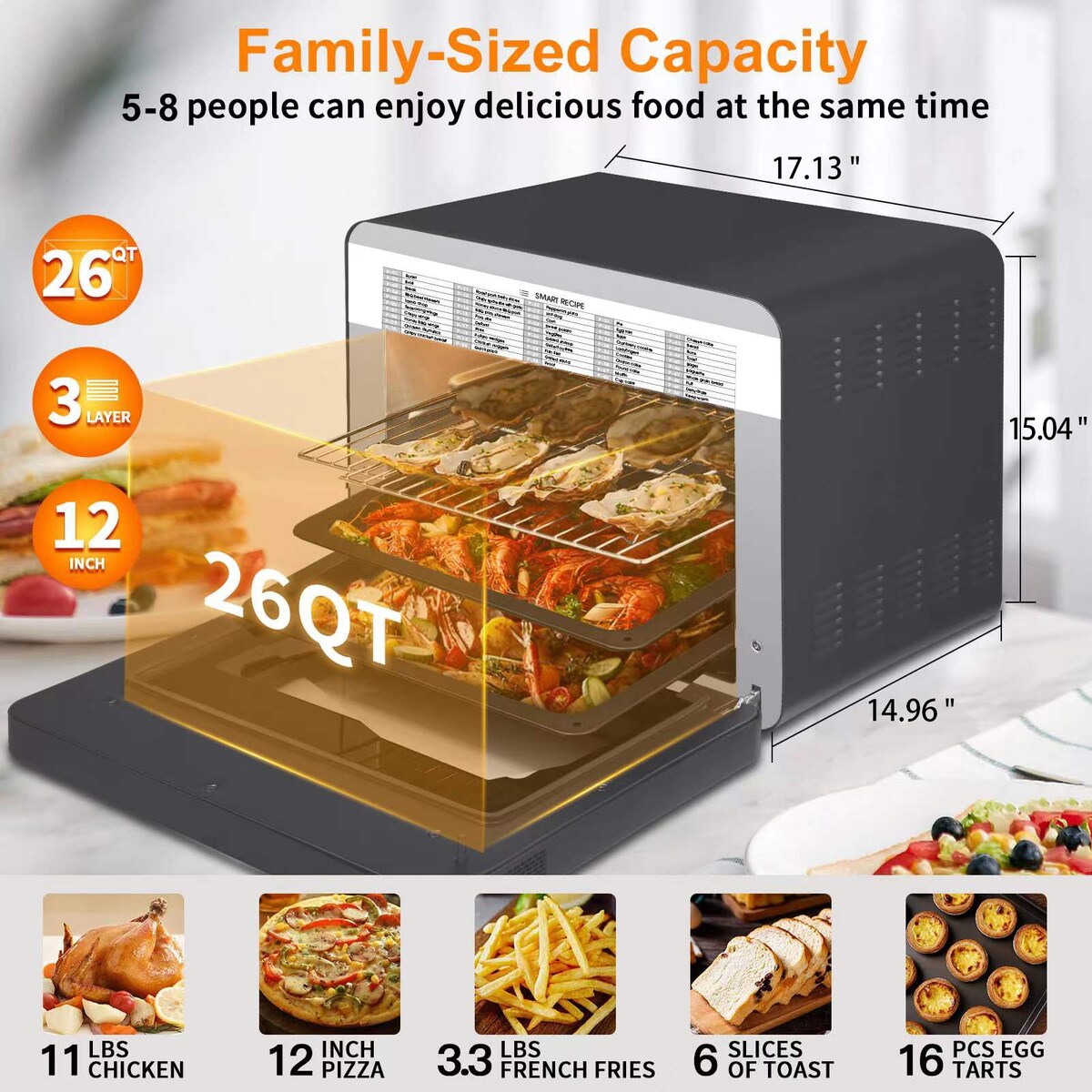 Four à pain combiné Geek Chef 26 QT avec friteuse à air et vapeur, 50 préréglages de cuisson, acier inoxydable noir