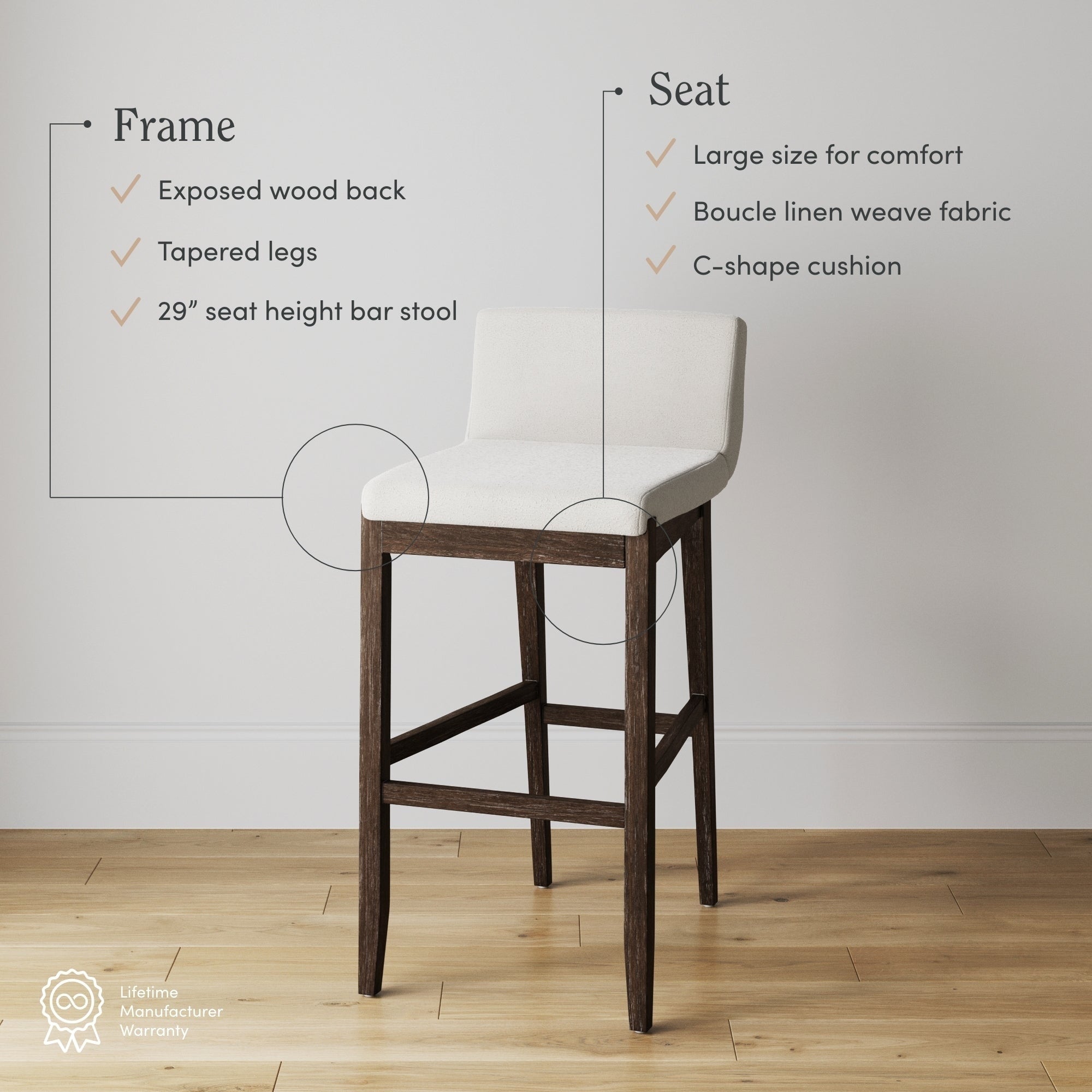 Gracie Modern Bar Stool, Boucle Upholstered Chair and Brushed Wooden Legs