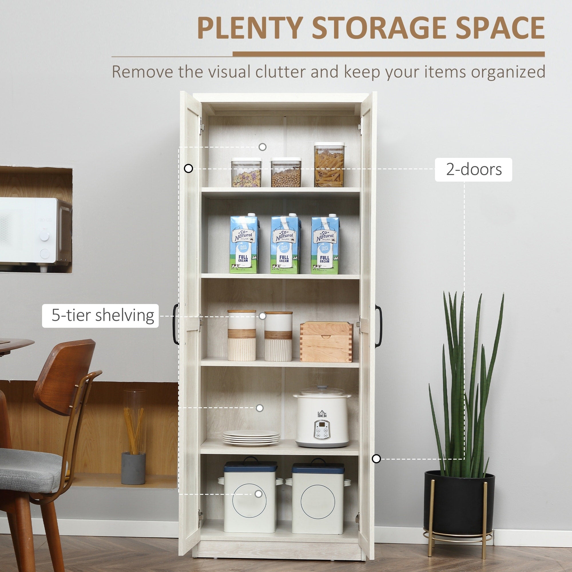 HOMCOM 63 2-Door Kitchen Pantry, Freestanding Storage Cabinet with 5-tier Shelving and 2 Adjustable Shelves for Dining Room