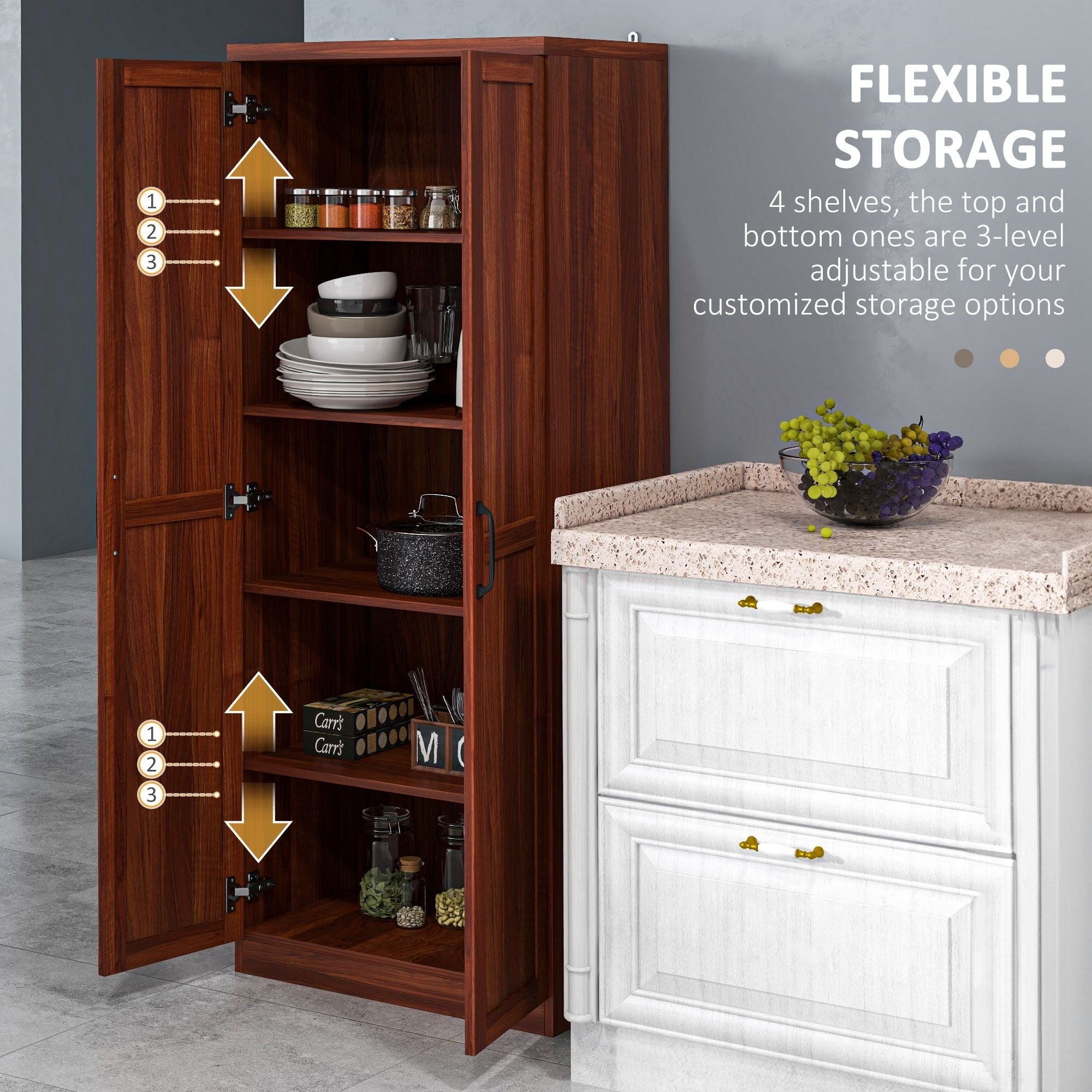 HOMCOM 63 2-Door Kitchen Pantry, Freestanding Storage Cabinet with 5-tier Shelving and 2 Adjustable Shelves for Dining Room