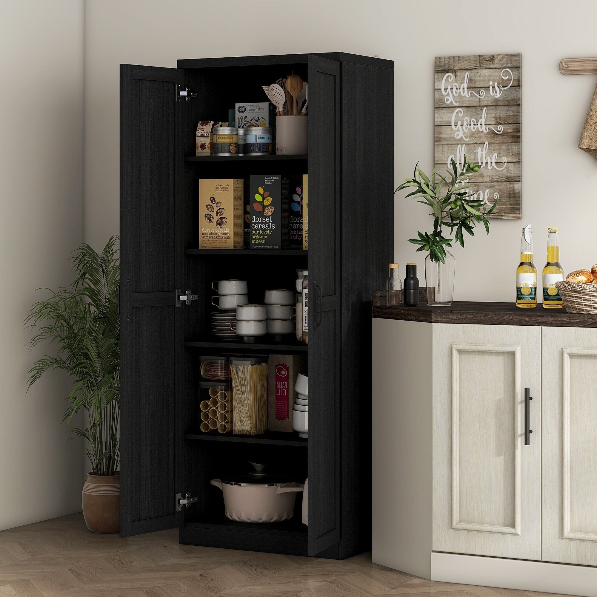 HOMCOM 63 2-Door Kitchen Pantry, Freestanding Storage Cabinet with 5-tier Shelving and 2 Adjustable Shelves for Dining Room