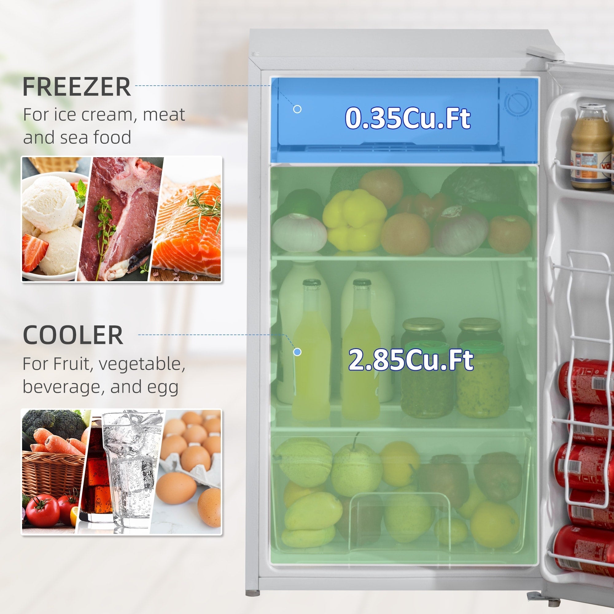 Mini-réfrigérateur HOMCOM de 3,2 pi³ avec congélateur, réfrigérateur compact à une porte avec thermostat réglable pour chambre à coucher