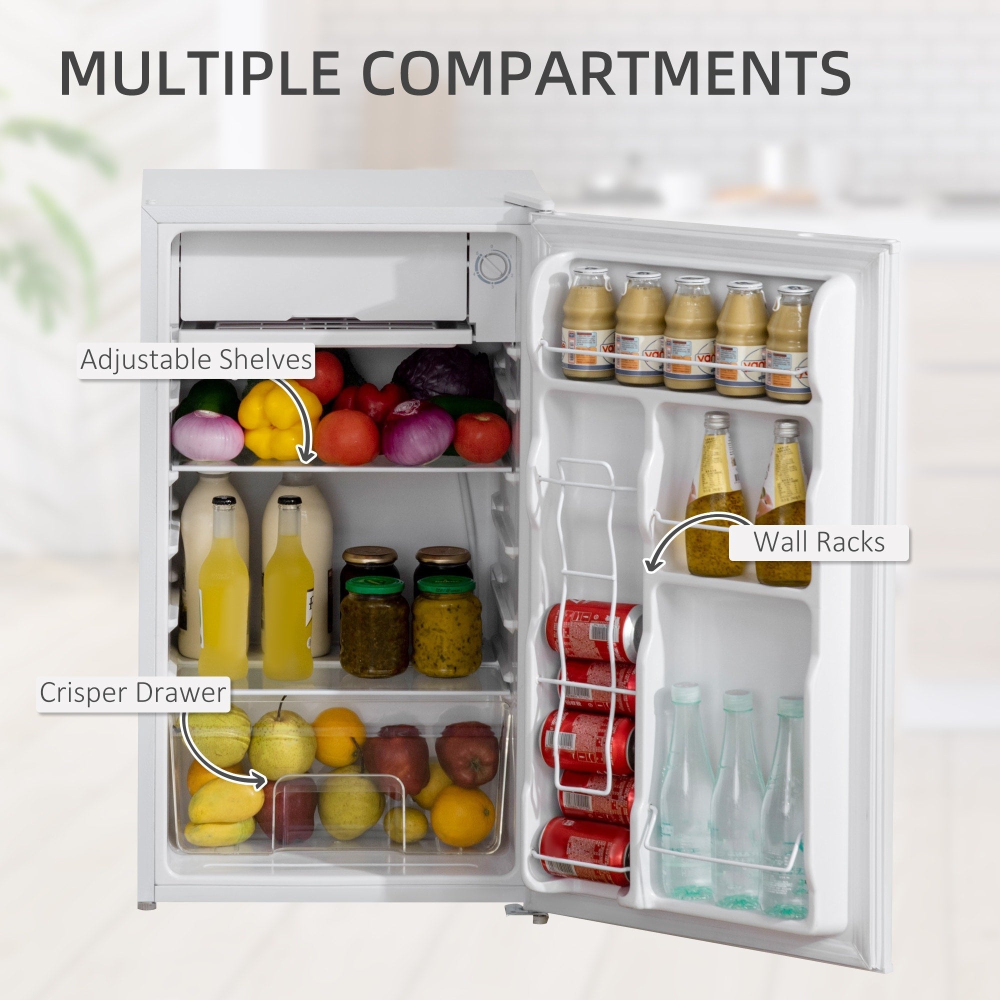 Mini-réfrigérateur HOMCOM de 3,2 pi³ avec congélateur, réfrigérateur compact à une porte avec thermostat réglable pour chambre à coucher
