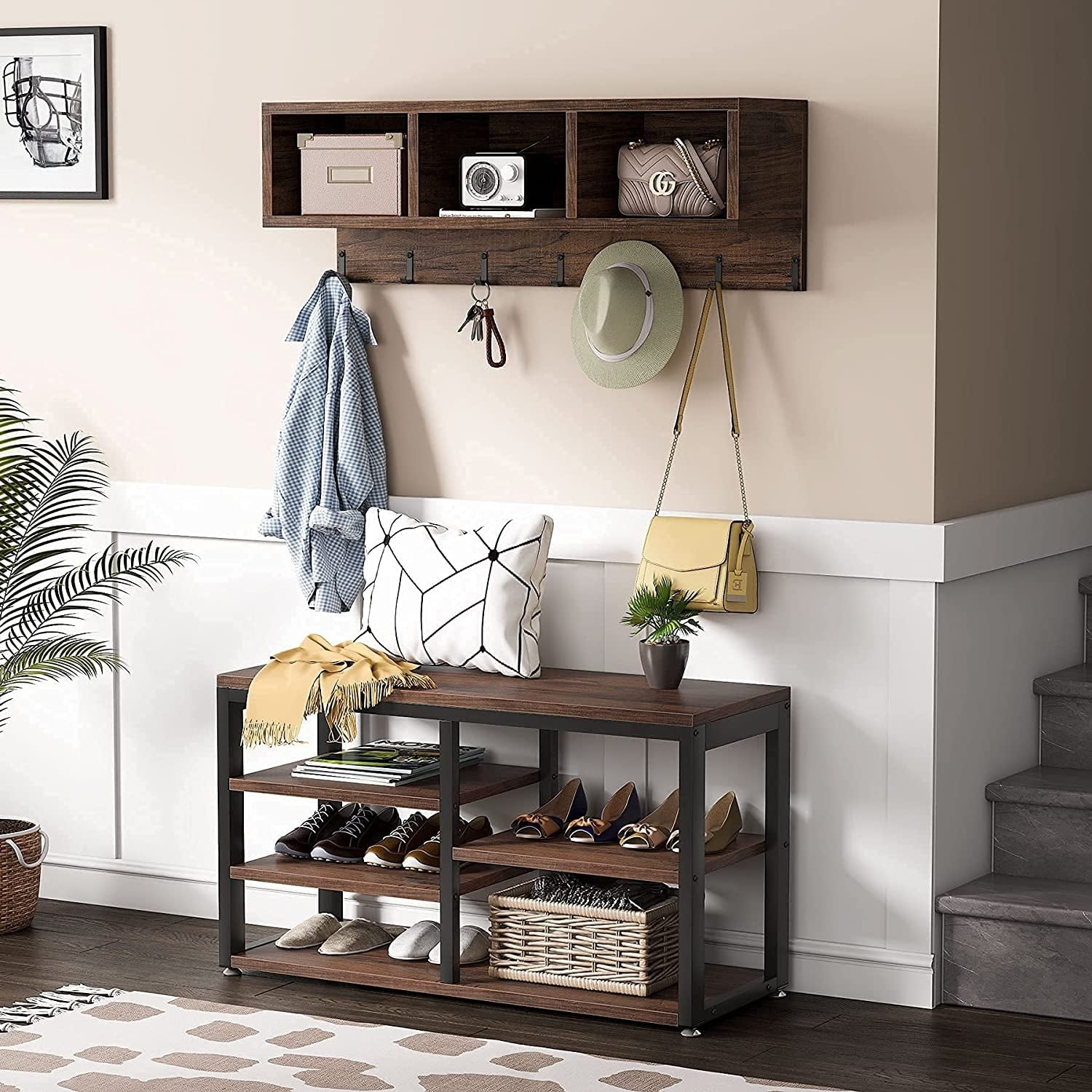 Ensemble de porte-manteaux et de bancs à chaussures pour entrée, porte-manteaux et porte-chaussures de style industriel