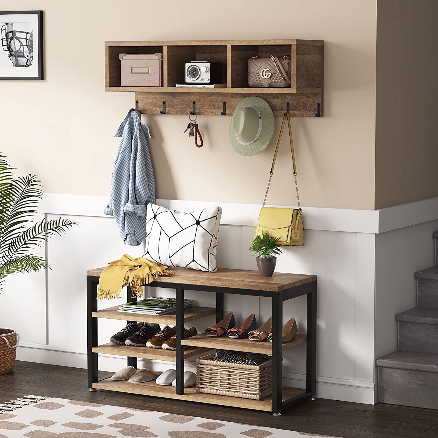 Ensemble de porte-manteaux et de bancs à chaussures pour entrée, porte-manteaux et porte-chaussures de style industriel