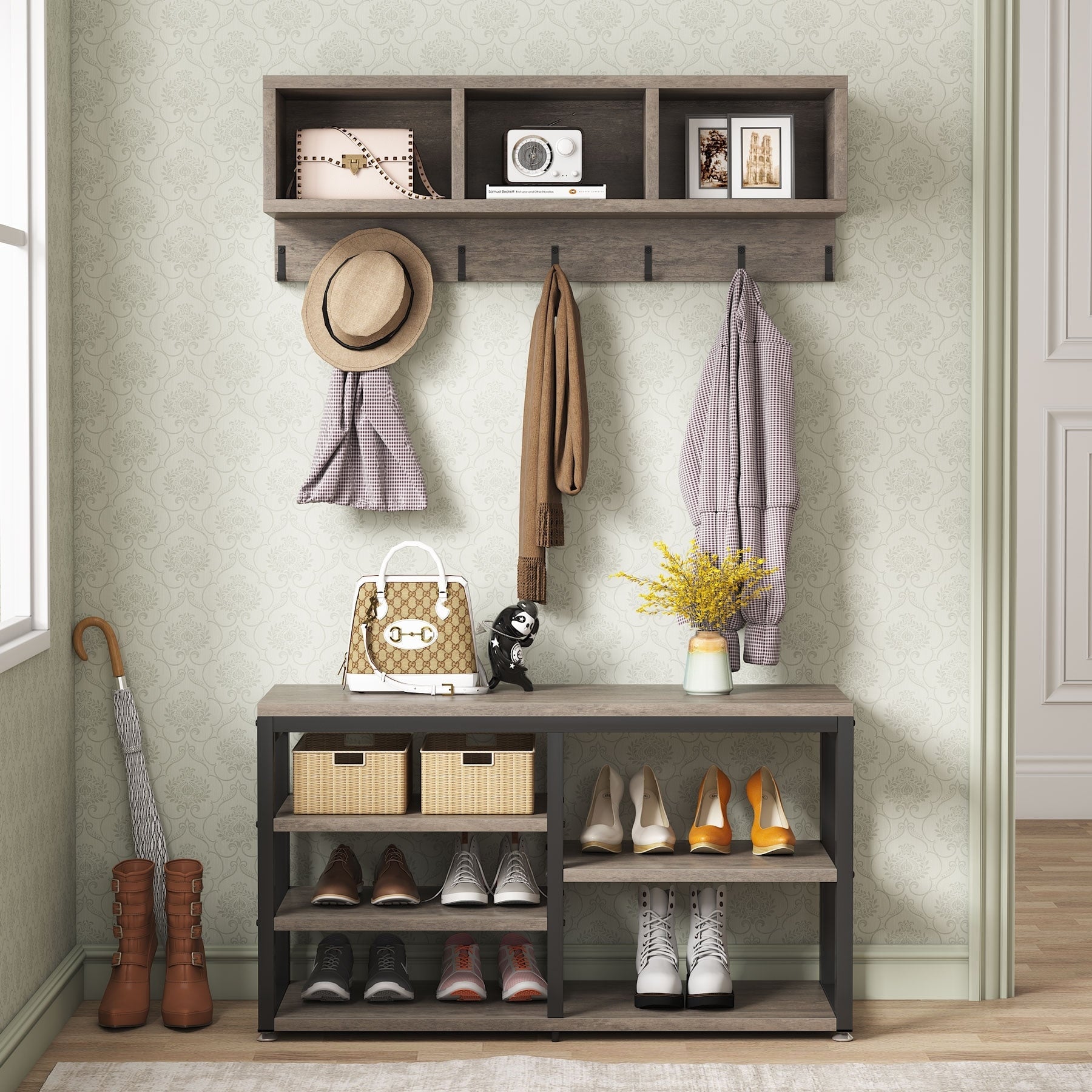 Ensemble de porte-manteaux et de bancs à chaussures pour entrée, porte-manteaux et porte-chaussures de style industriel