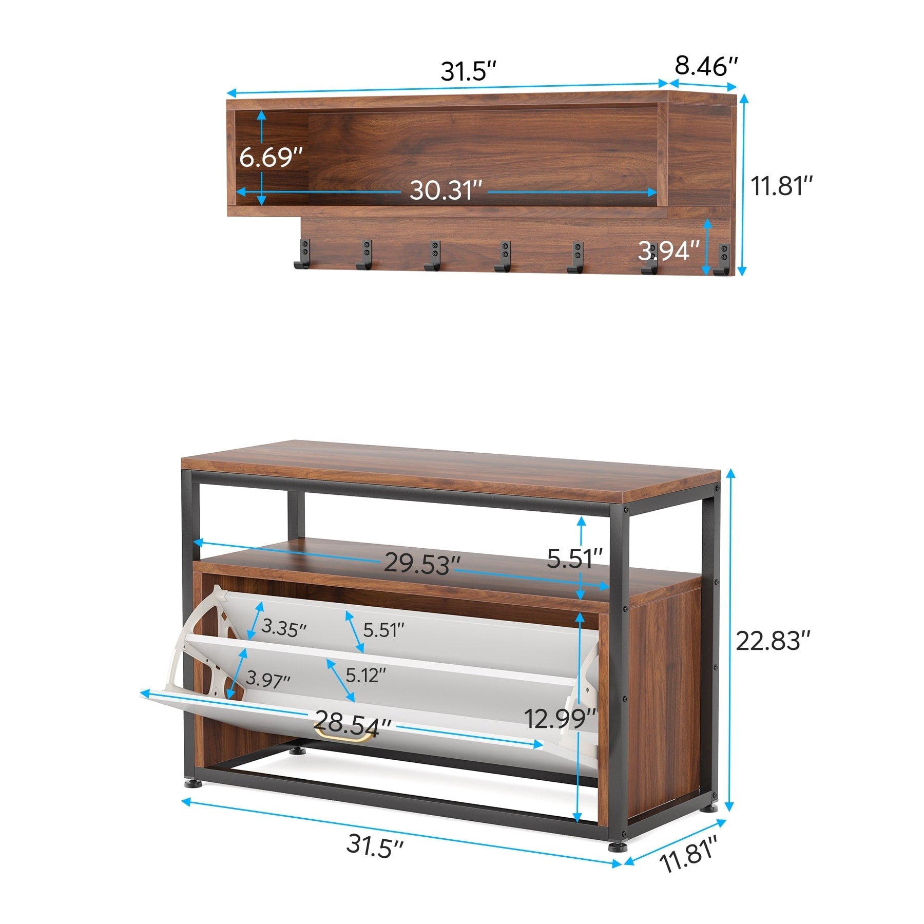 Ensemble de porte-manteaux et de bancs à chaussures pour entrée, porte-manteaux et porte-chaussures de style industriel