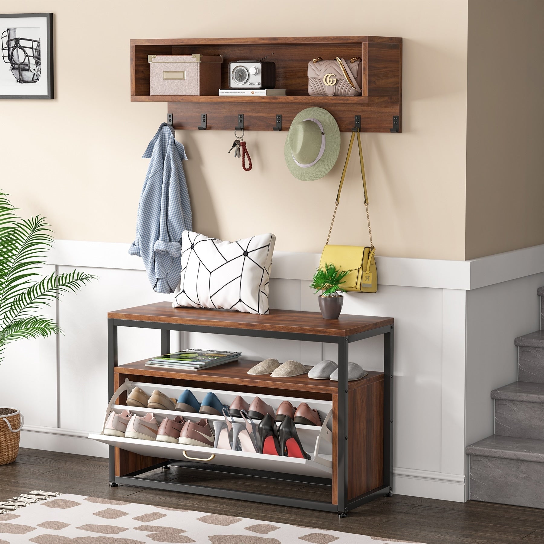 Ensemble de porte-manteaux et de bancs à chaussures pour entrée, porte-manteaux et porte-chaussures de style industriel