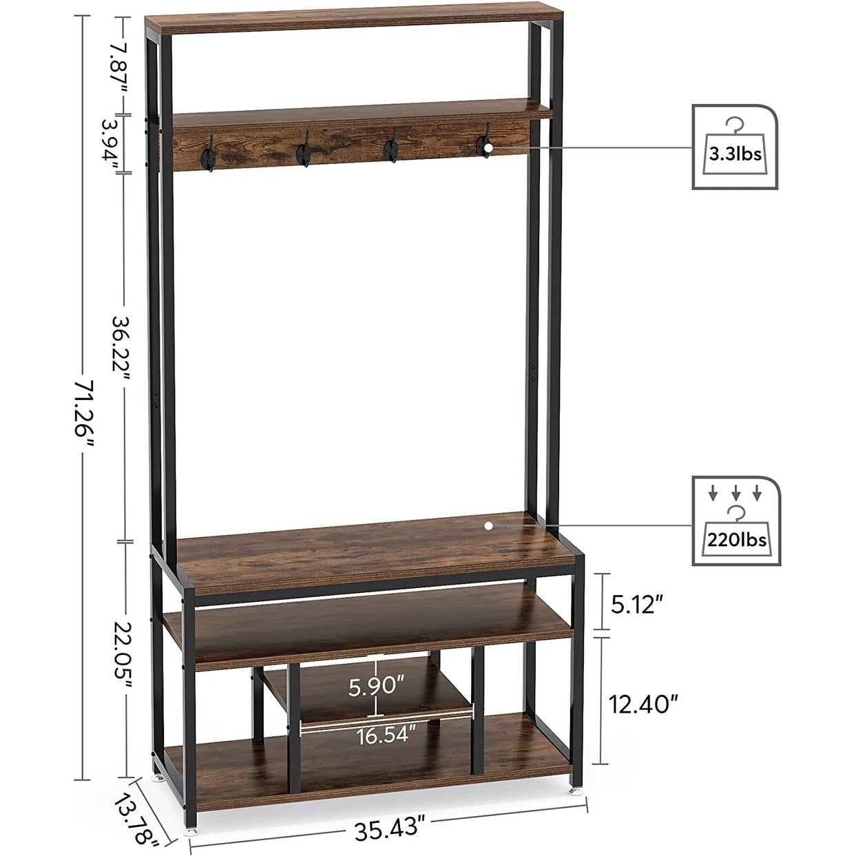 Banc d'entrée industriel avec porte-manteau et étagères de rangement