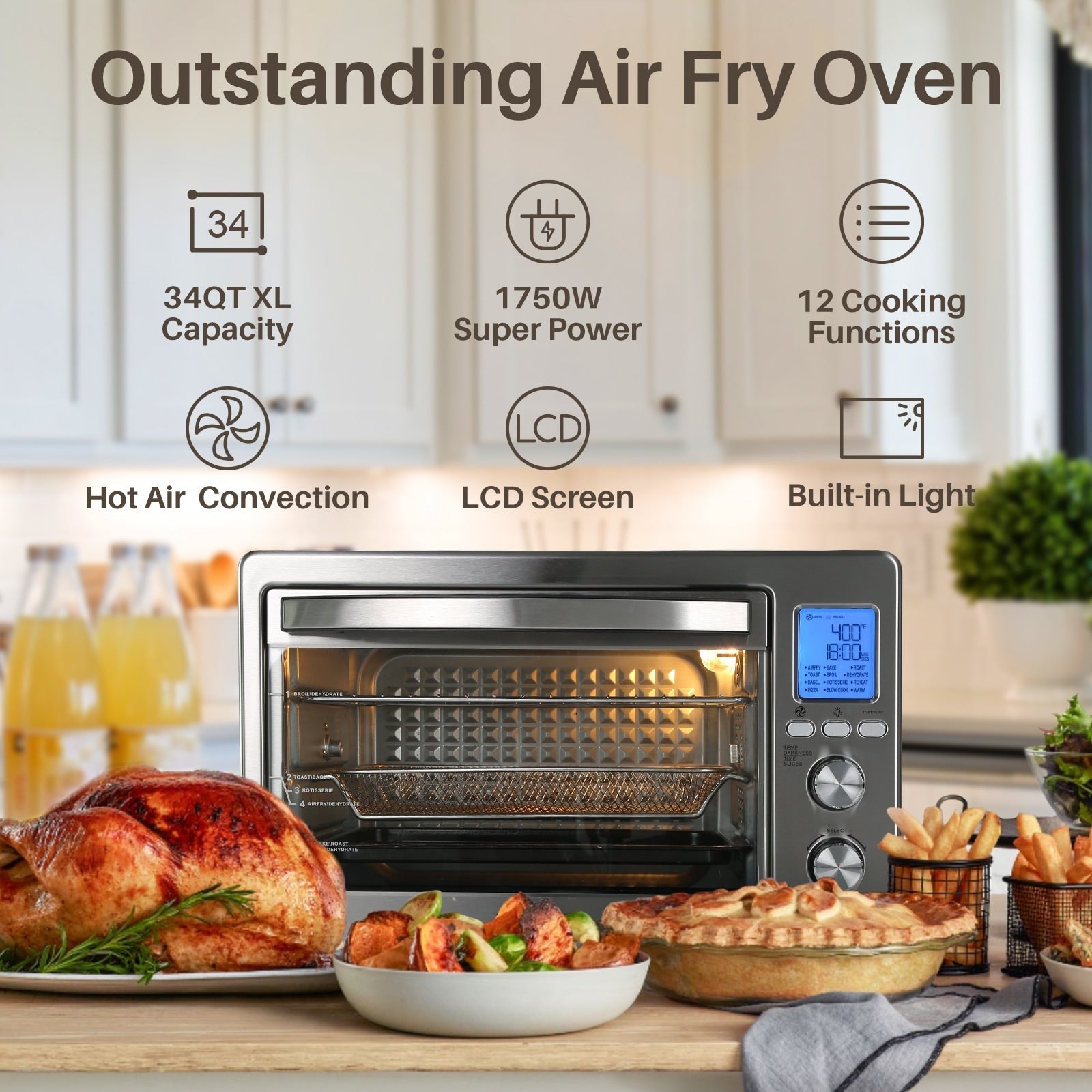 LNC 12-In-1 Large 34QT Countertop Toaster Oven Convection Rotisserie Air Fryer - 19.5 L x 15 W x 12.5 H