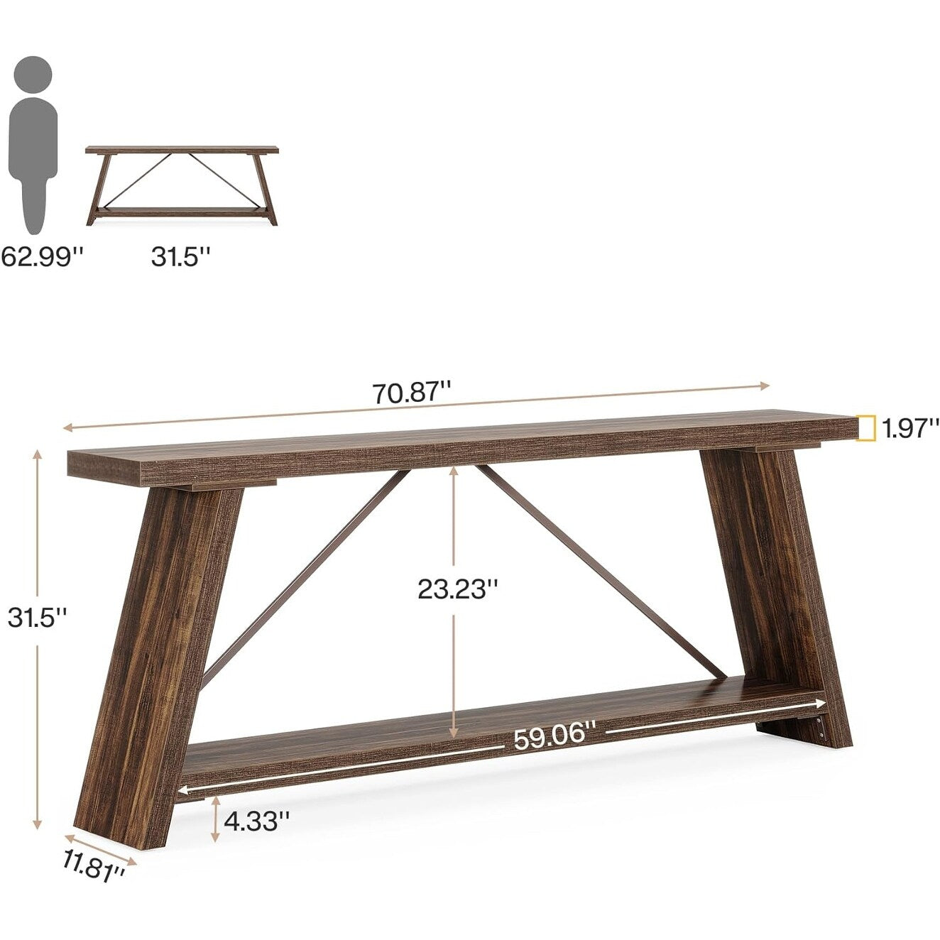 Console de canapé en bois rustique de 70,9 pouces de long avec étagère de rangement