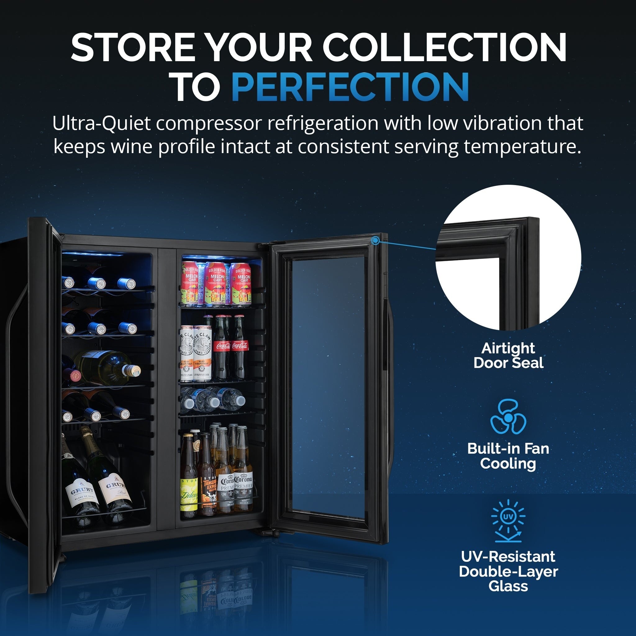 Newair Wine and Beverage Refrigerator, 18 Bottles & 59 Cans, Dual Temperature Zones, Freestanding, Digital Temperature Control