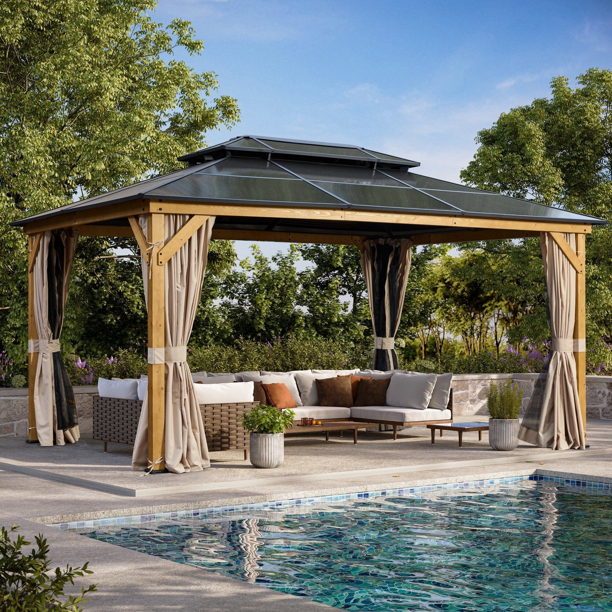 EROMMY Hardtop Gazebo,Outdoor Pergola with Double Roof & Netting & Curtains,Heavy Duty Canopy for Patio, Backyard, Pool party
