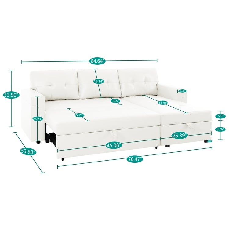 Canapé sectionnel convertible réversible avec lit gigogne, méridienne avec rangement dissimulé et pieds robustes